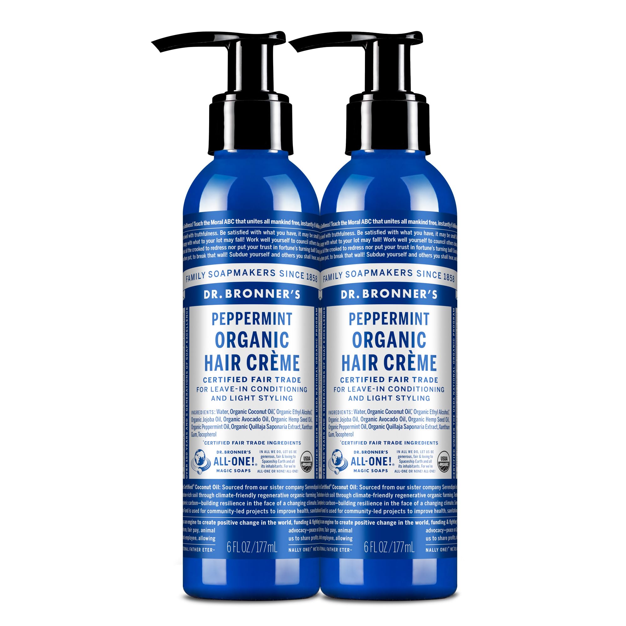 Dr. Bronner's - Organic Hair Crème (Peppermint, 6 Ounce, 2-Pack) - Leave-In Conditioner and Styling Cream, Made with Organic Oils, Hair Cream Supports Shine and Strength, Nourishes Scalp, Non-GMO