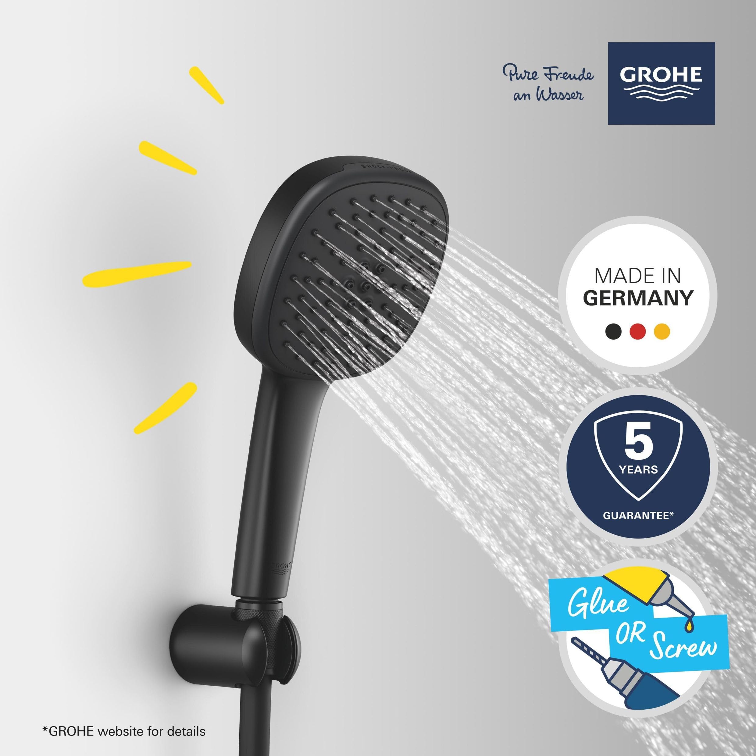 GROHE Vitalio Comfort 110 QuickFix 263992431 zestaw prysznicowy (kwadratowy, 11 cm, system zapobiegający osadzaniu się kamienia, wąż 1,75 m, uchwyt ścienny, oszczędność wody, łatwy montaż za pomocą