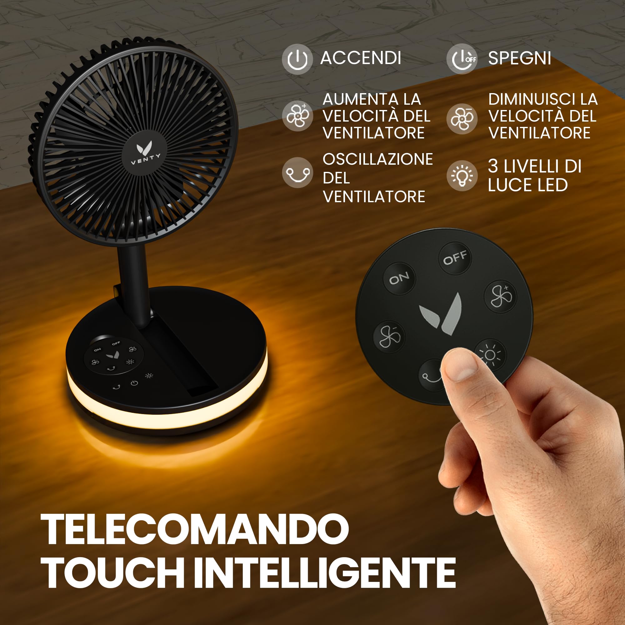 VENTY Ventilatore Portatile a Batteria Ricaricabile - Ventilatore Pieghevole con Custodia da Trasporto, Porta Usb e Telecomando - 4 Velocità, Compatto e Regolabile per Tavolo, Campeggio, Scrivania