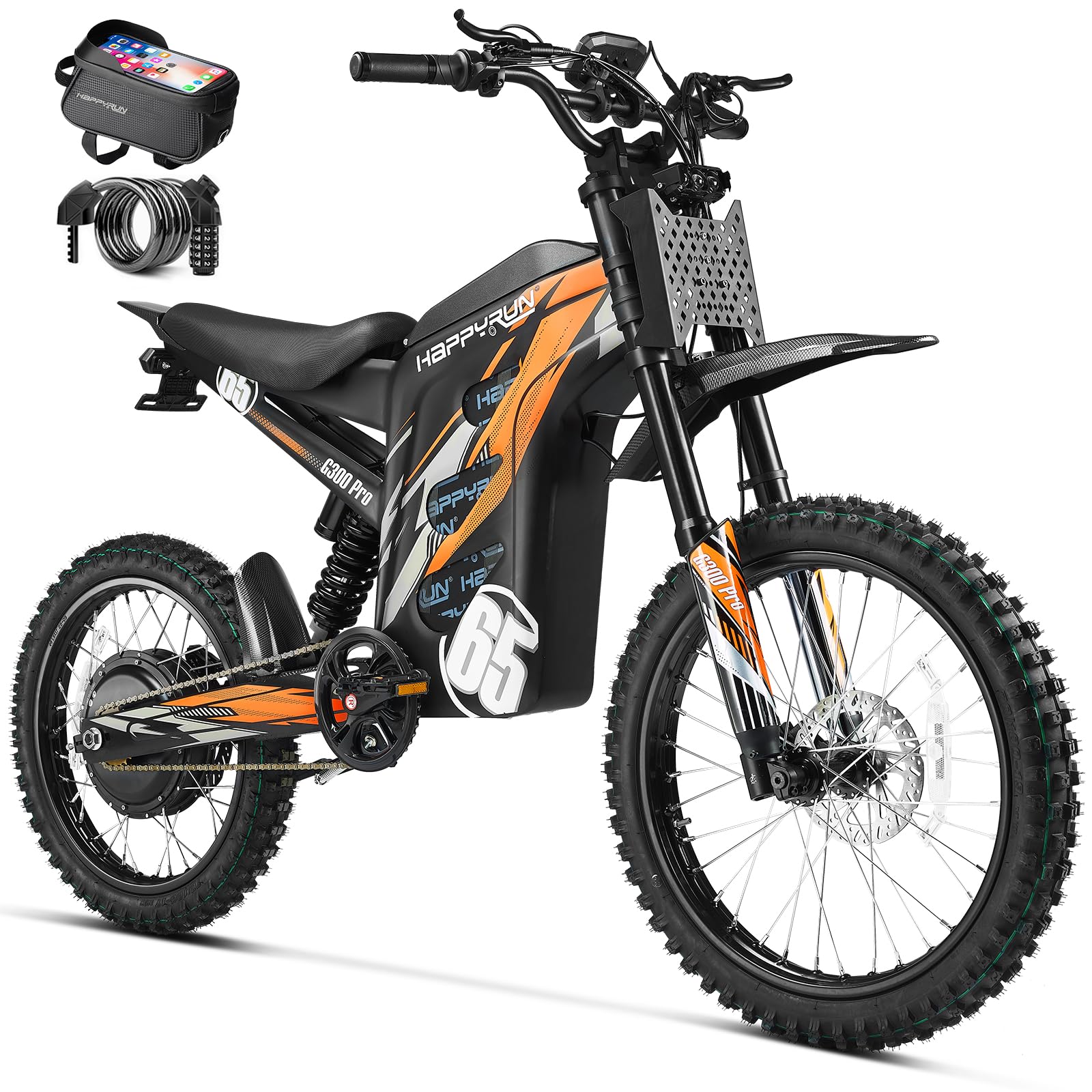 HAPPYRUN G300 Pro Electric Dirt Bike for Adults, 72V 30Ah Battery, 6500W Motor, 50 MPH Speed, 70 Mile Range, 350 Lbs Load Capacity, Hydraulic Brakes