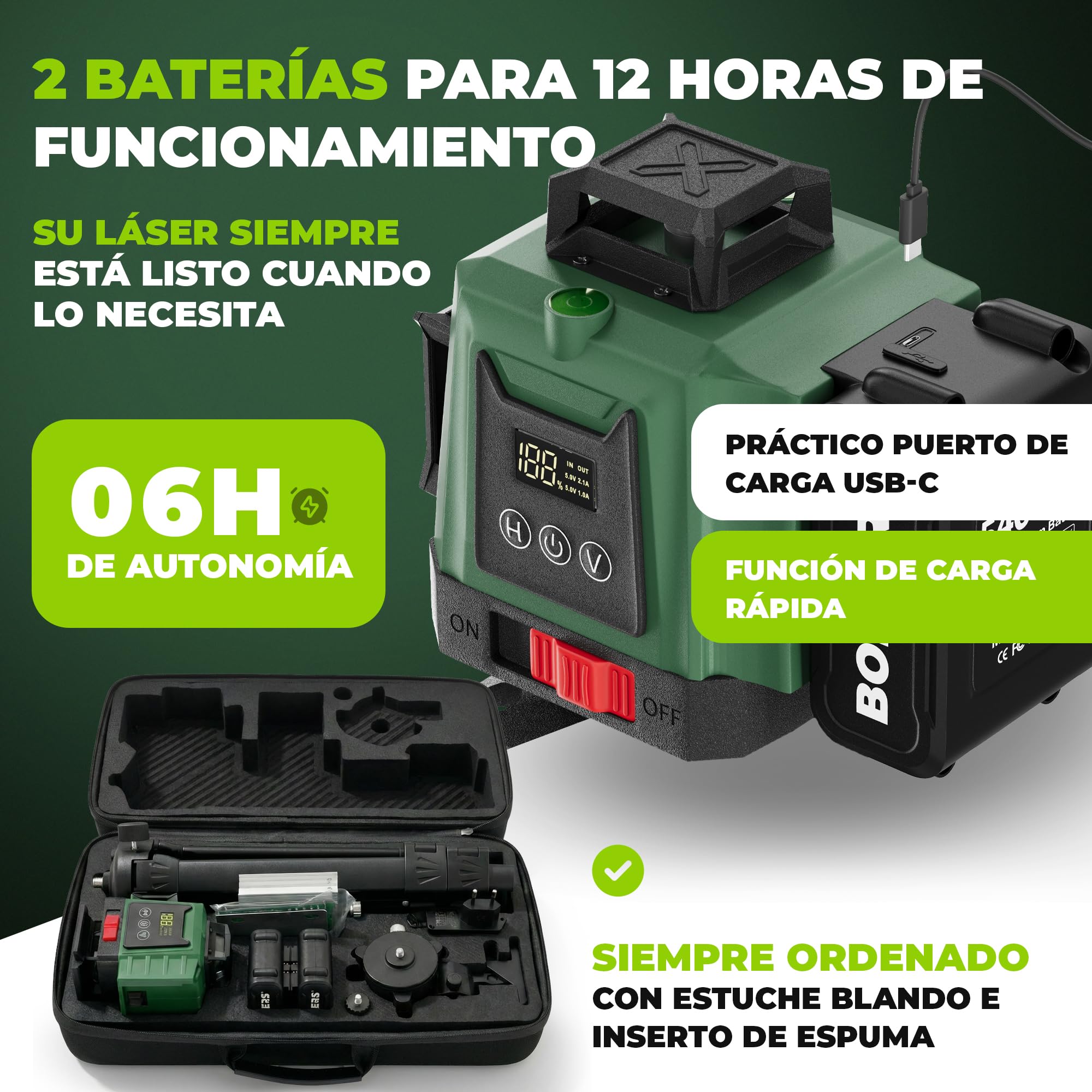 ProLaser 4x360° Nivel Láser de Líneas Cruzadas con Trípode - Láser Verde Autonivelante, Nivel Láser Construcción, 16 Líneas, 2 Baterías, Estuche & Accesorios para Azulejos, Pared & Instalación