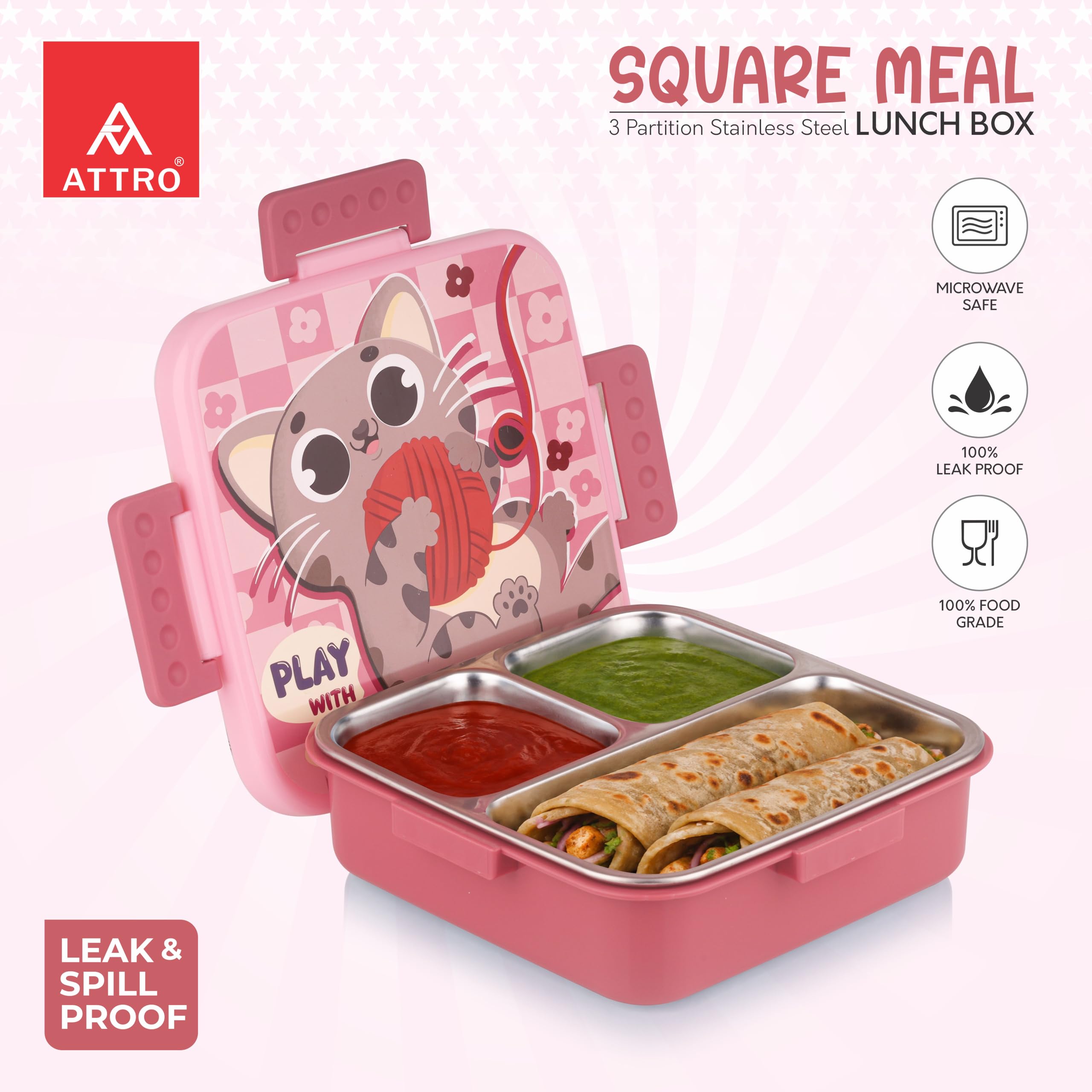 ATTRO Kids Lunch Box - Stainless Steel 3 Compartment -5 ATTRO Kids Lunch Box - Stainless Steel 3 Compartment -5