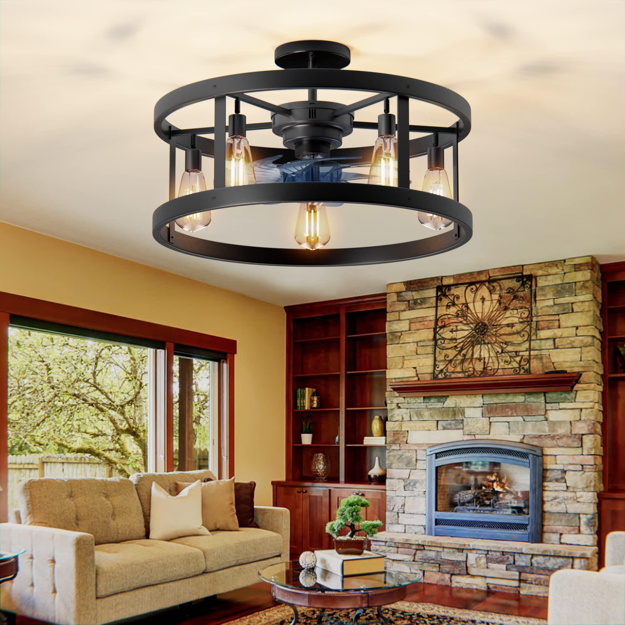 Photo 1 of Ceiling Fans with Lights, 5-Light Enclosed Ceiling Fan Indoor, Caged Ceiling Fan Light Fixture with Remote Control ,Black Industrial Ceiling Fan Light Kit for Living Room, Bedroom 5-light Caged Ceiling Fan