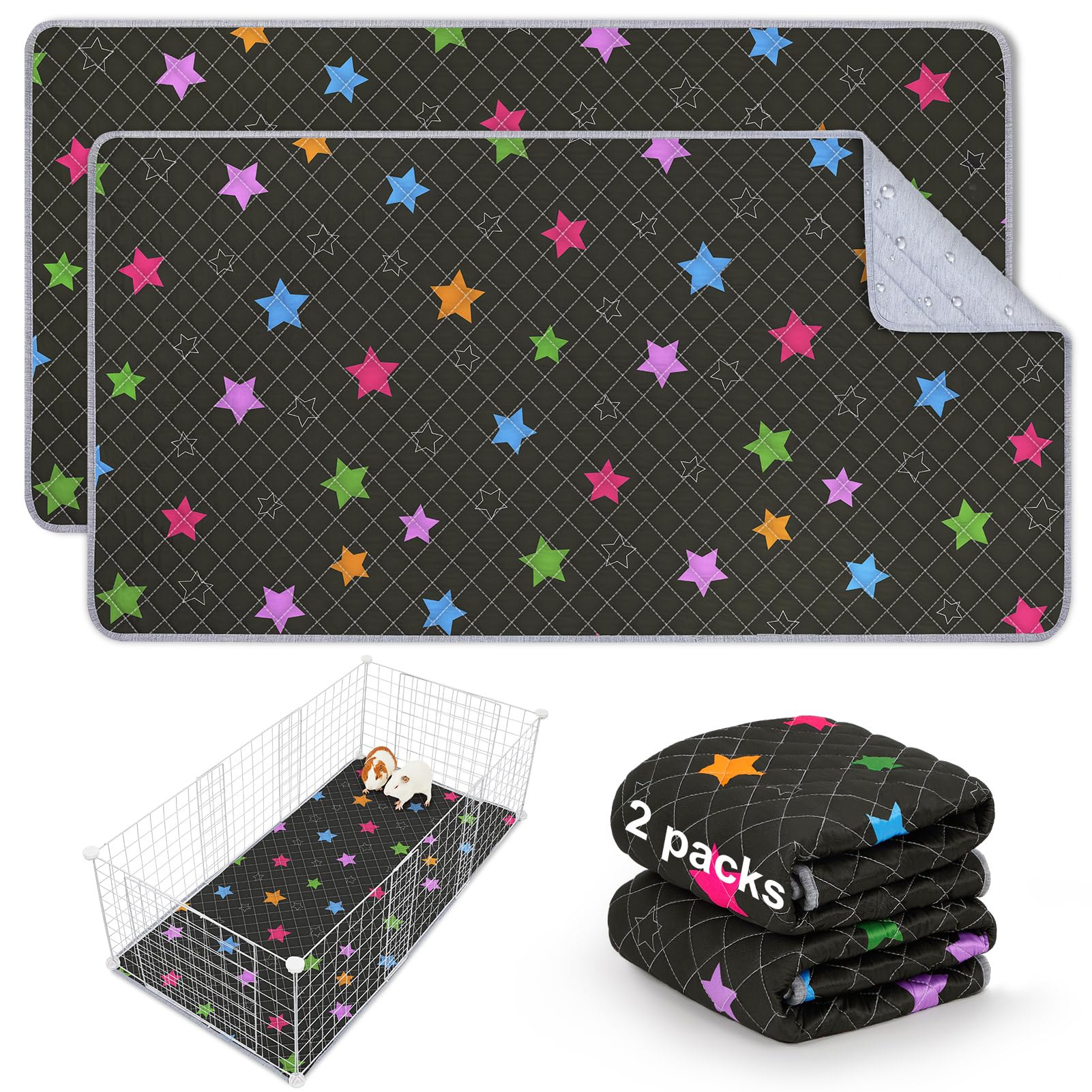 Bienbee Guinea Pig Bedding, 2 Pack 47" x 24" Reusable Guinea Pig Cage Liner Waterproof and Absorbent Small Animal Bedding Washable Guinea Pig Pee Pads for Small Pet Hamster Rabbit Squirrel, Black