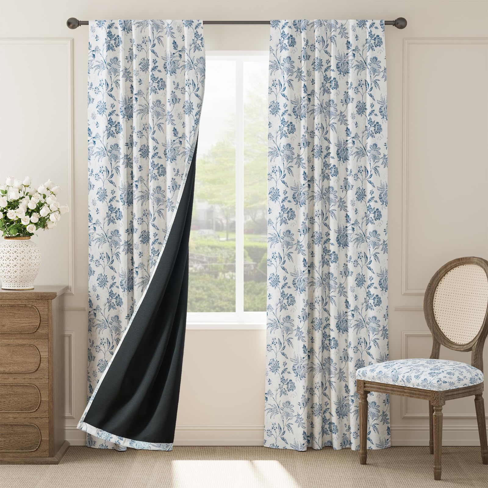 jinchan Blackout Floral Curtains for Bedroom, 84 Inch Length Curtains with Printed Flower Black Out Curtains, Rod Pocket Back Tab Blue Window Curtain Set Living Room Drapes, 2 Panels Blue