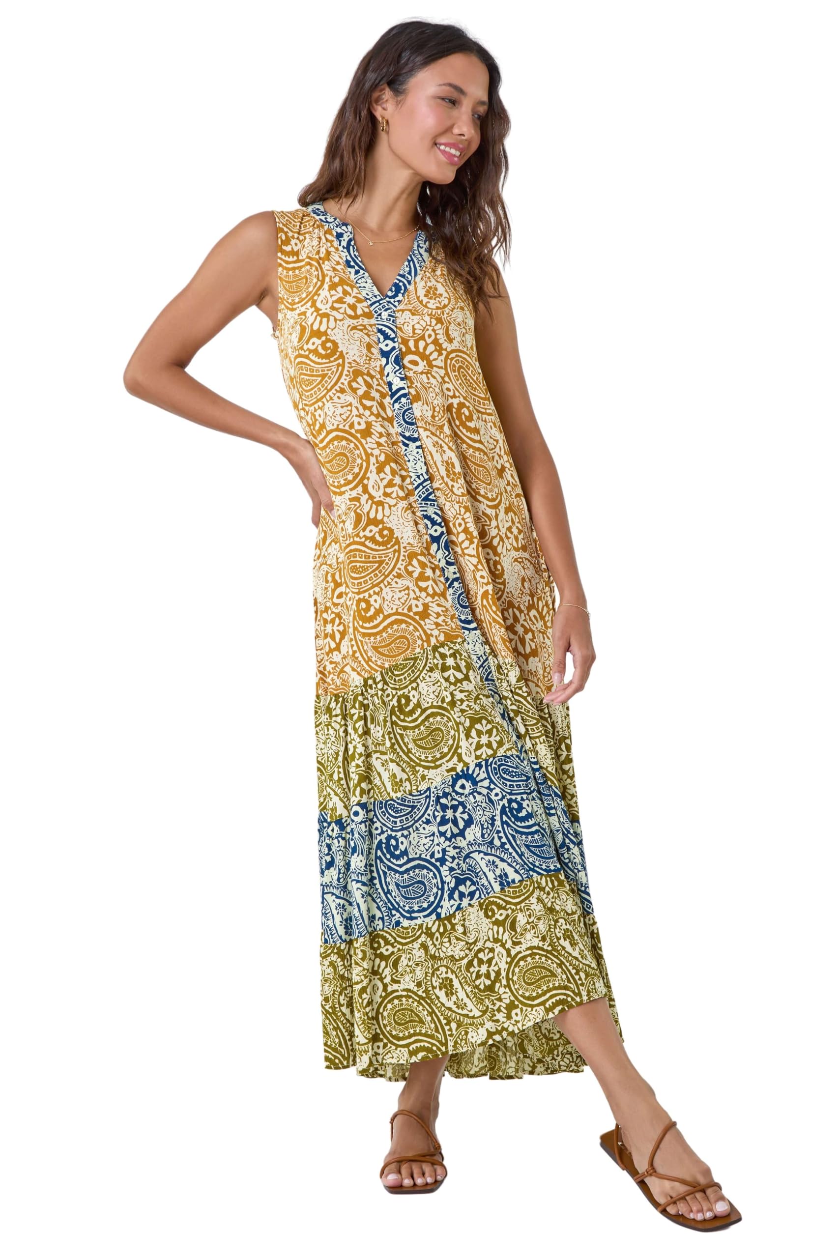 Roman Originals Women's Amber Roman Patchwork Shimmer Smock Tiered Midi Dress For Uk - Spring Everyday Summer Holiday V-Neckline Comfy Sleeveless Soft Button Down Frock Beach Vacation Gowns - Size 10