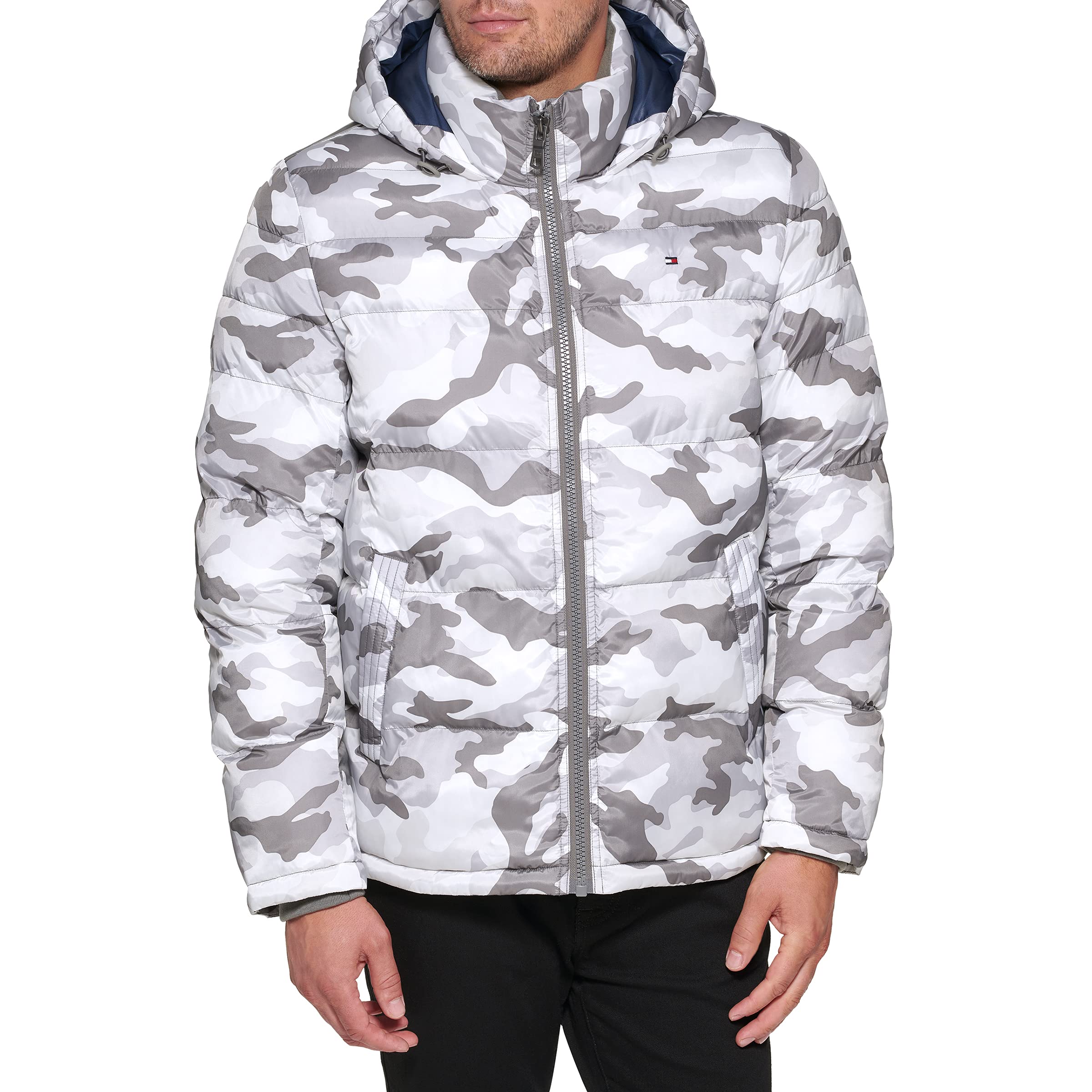 Tommy Hilfiger Men's White Camouflage Classic Hooded Puffer Jacket Down Alternative Coat, Xxxxl Tall