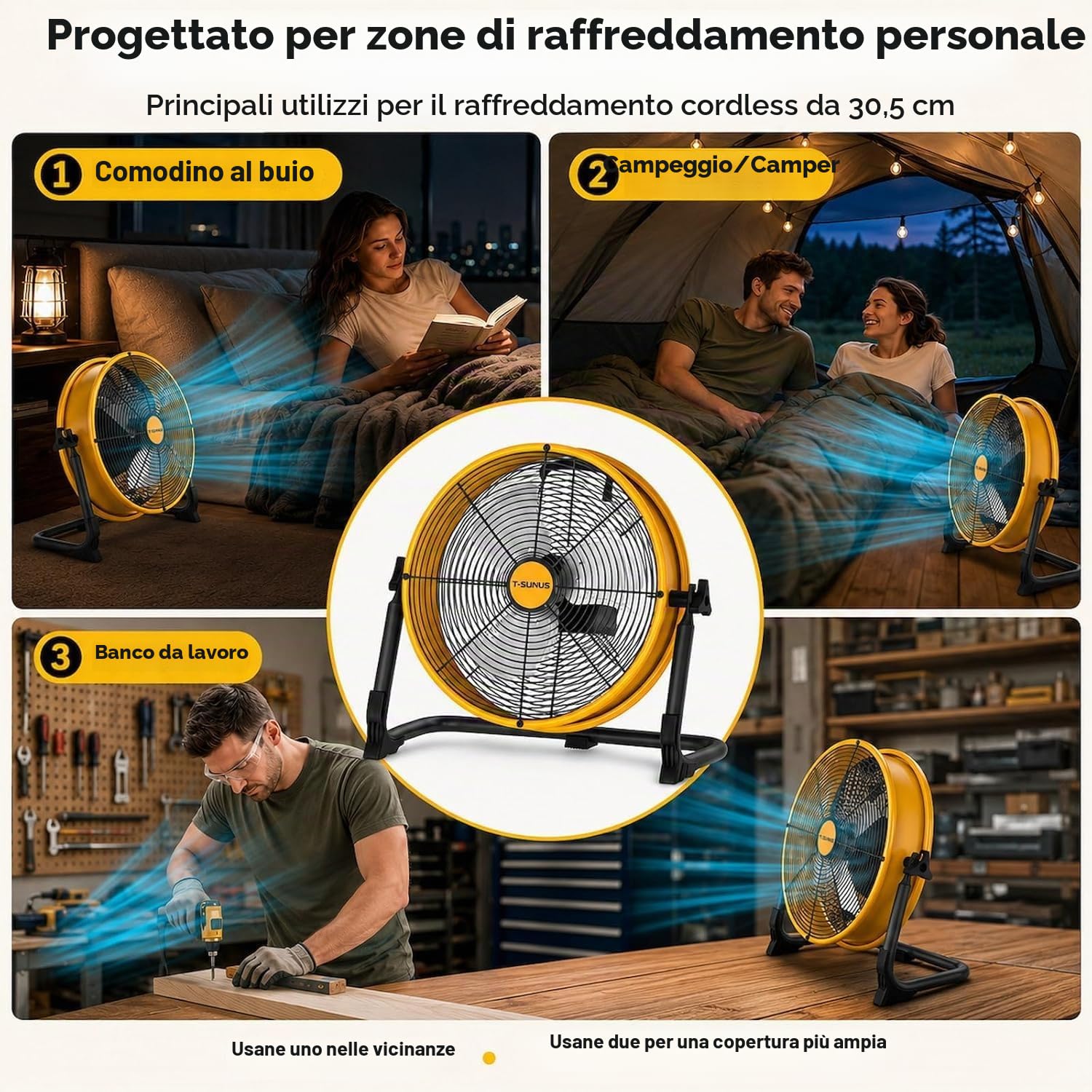T-SUNUS Ventilatore da Pavimento Silenzioso, Ventilatore Industriale da Pavimento Potente, Ricaricabile tramite USB, Regolazione continua della Velocità per Magazzino Officina Fabbrica Campeggio