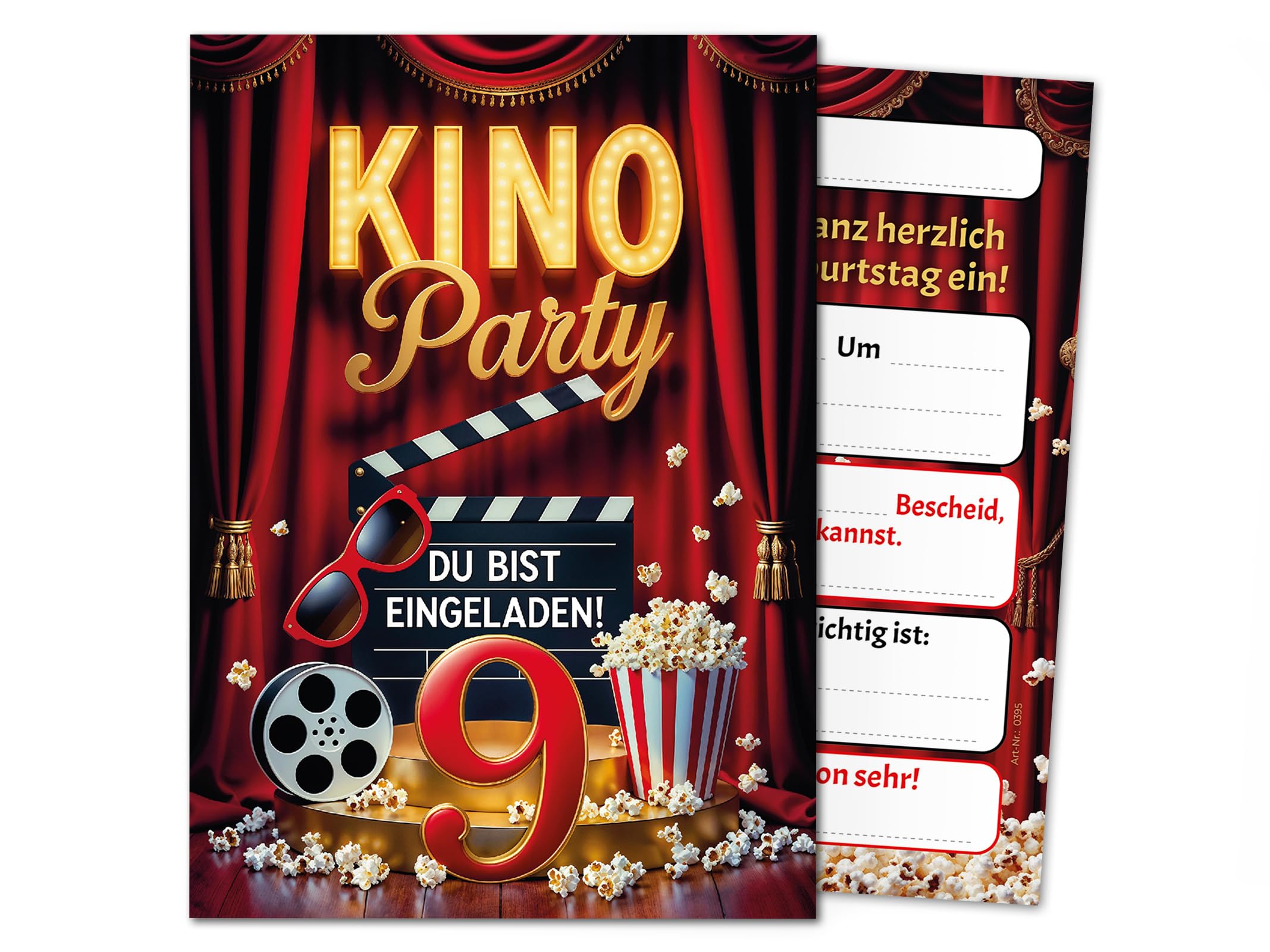 Junaversum 8 Einladungskarten zum 9. Kindergeburtstag Kino Party Mädchen Jungen rot coole bunte Einladungen neunte Geburtstag Geburtstagseinladungen Kids Kinogeburtstag