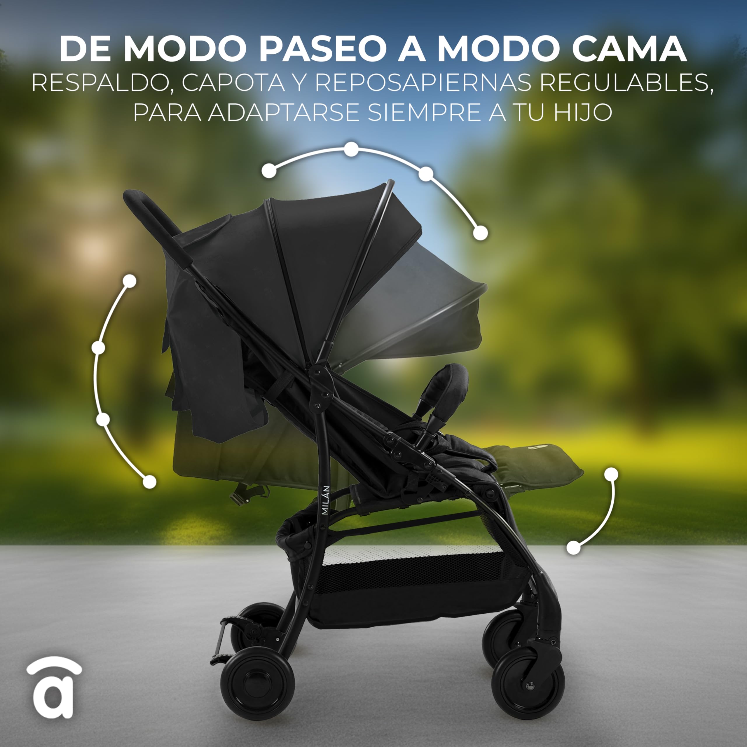 Asalvo MILÁN Silla de Paseo Ultraligera para bebé, Carrito de paseo, Respaldo Reclinable, Cochecito urbano, Arnés 5 Puntos, SPF50+, Capota con Ventana, Manejable y Máxima Seguridad, Hasta 16 kg, Negro