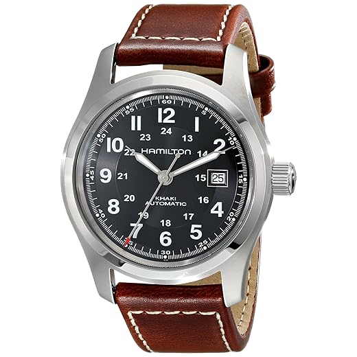 Hamilton Relógio automático masculino H7055533 Khaki Field aço inoxidável com pulseira de couro marrom, Preto, large, Relógio Automático