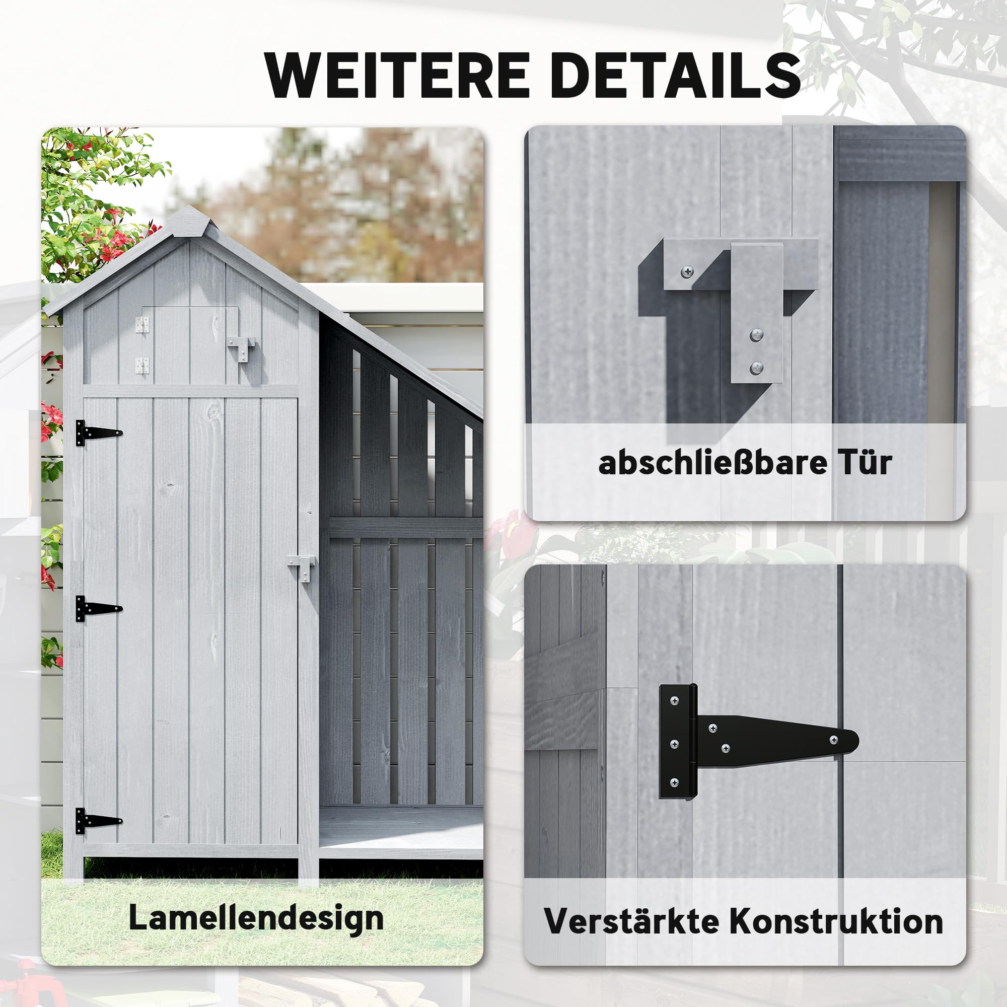 Outsunny Armoire de jardin en bois d'extérieur - Résistant aux intempéries - Avec toit en asphalte - Étagère - Armoire de rangement polyvalente pour jardin, terrasse - 129 x 51,5 x 180 cm - Gris