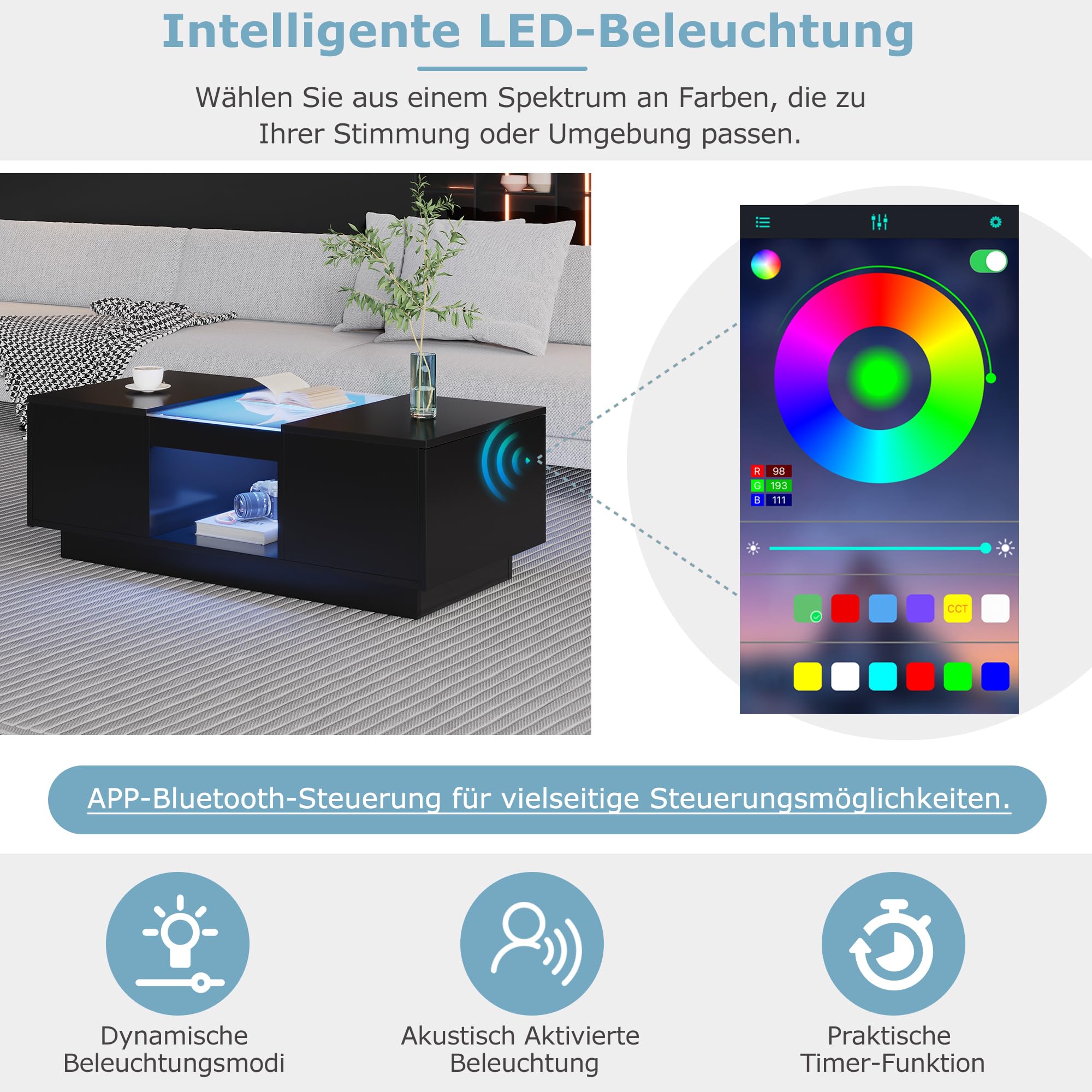 Merax Couchtisch LED Hochglanz, Mitteltisch Teetisch für Wohnzimmer, Schwarz Wohnzimmertisch mit 2 Schubladen und offenes Fach, Rechteckiger Beistelltisch Sofatisch Kaffeetisch, für Schlafzimmer Büro