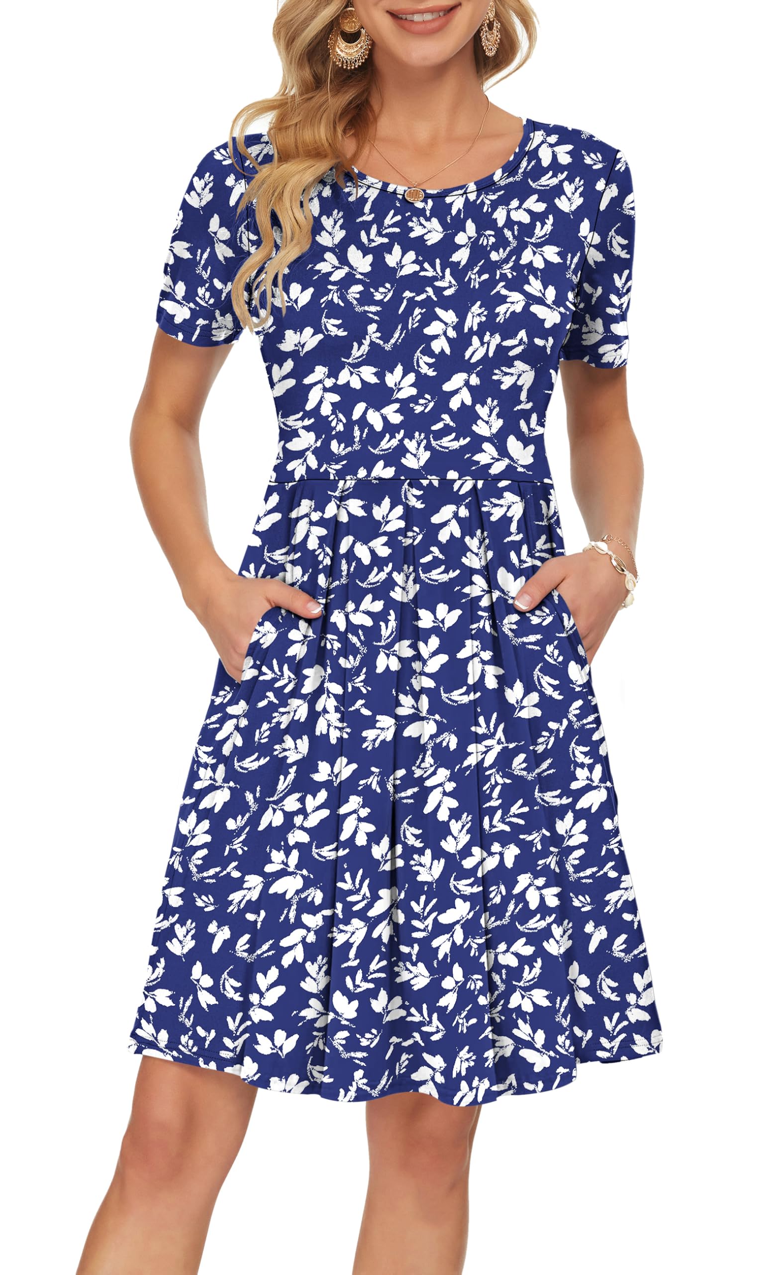 AUSELILY Dresses for Women UK Summer Dress Short Sleeve Wrap Dress Casual with Pockets Knee Length Blue Flowers 01 XXL