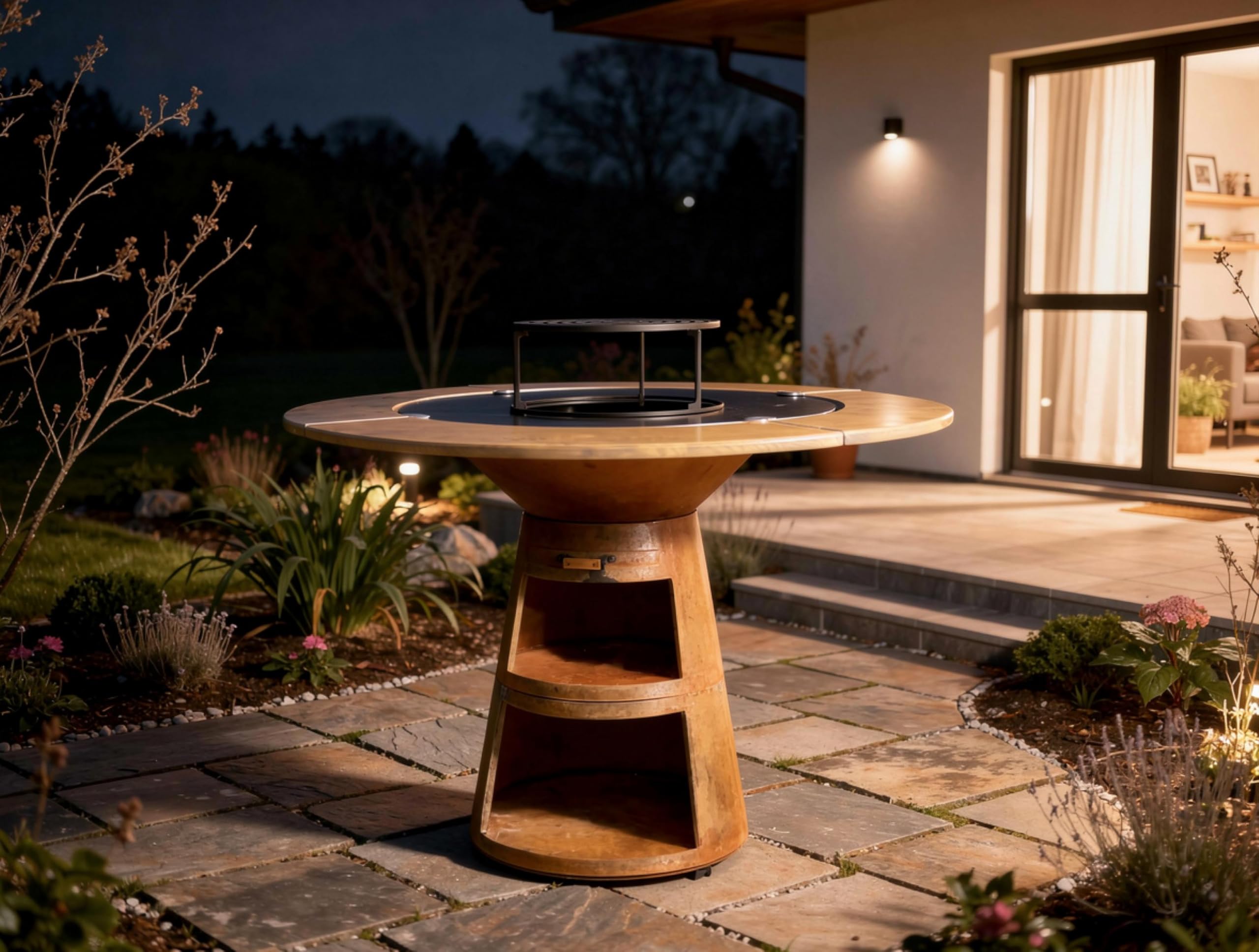 PURLINE | Barbecue rotondo con piastra in acciaio per giardino, terrazzo o patio esterno - Griglia circolare con bordo perimetrale in legno naturale e ampia superficie di cottura (EFP59CO WOOD)
