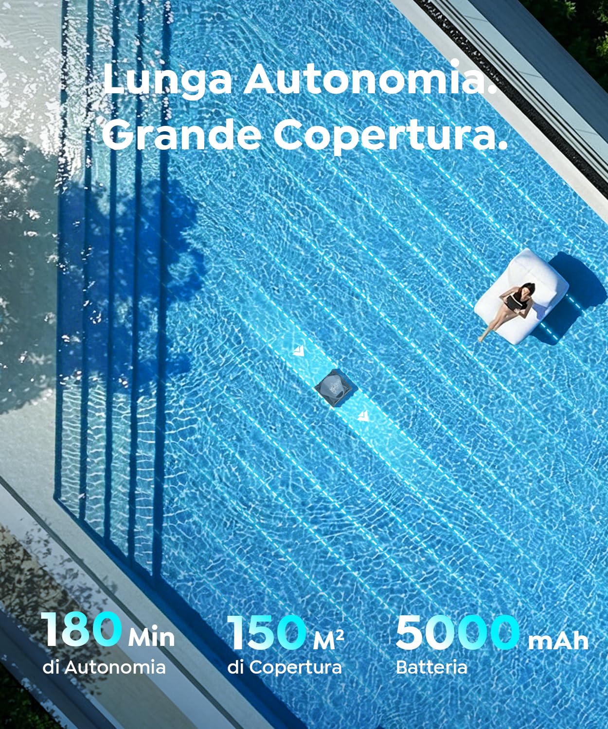 C1 Robot Piscina Pareti e Fondo, Linea d'acqua, Doppio Filtro, Aspiratore Piscina Senza Fili, 7 Modalità di Pulizia, 180 min, Pulitore con App, Robot Pulisci Piscine fino a 150 m², Grigio