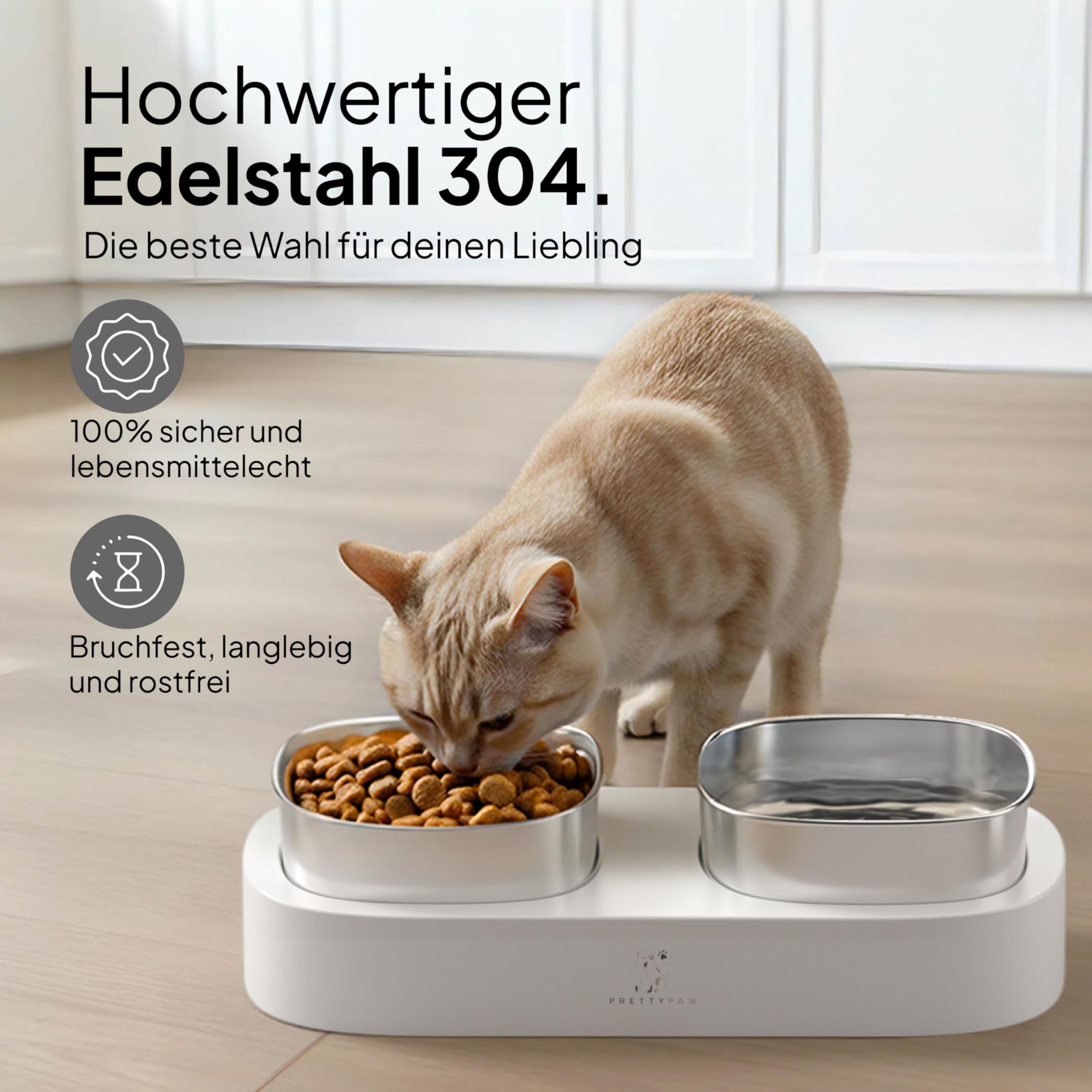 Pretty Paw Ciotola Rialzata per Gatti – Doppia Ciotola per Cibo e Acqua con Base Antiscivolo e Ciotole in Acciaio Inox per un’Alimentazione Ergonomica (Bianco)
