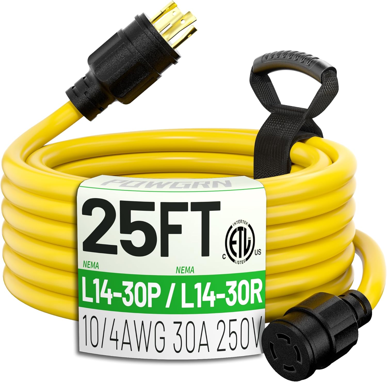 30-Amp Generator Extension Cord (25 Feet) 4-Prong 125/250V 7500W, NEMA L14-30P/L14-30R,10 Gauge STW Locking Power Cord for Transfer Switch, Portable Generators,Yellow 25ft Generator Cable