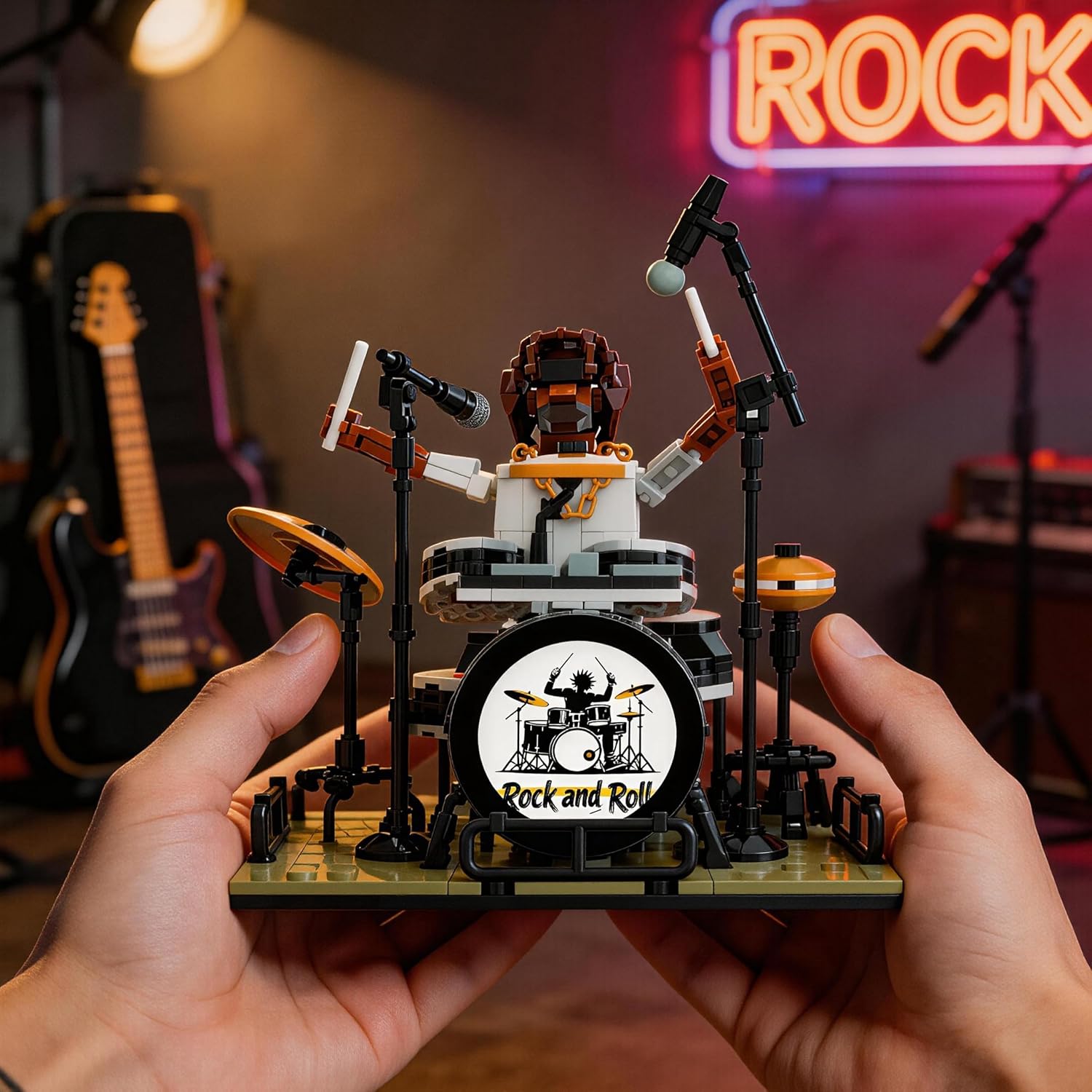 Dynamic Drummer Building Kit - 428-Piece Rock Concert Stage with Poseable Figure & Adjustable Drum Set, Adult Collectible Model for Music Lovers, Home Office Desk Decor Ages 14+