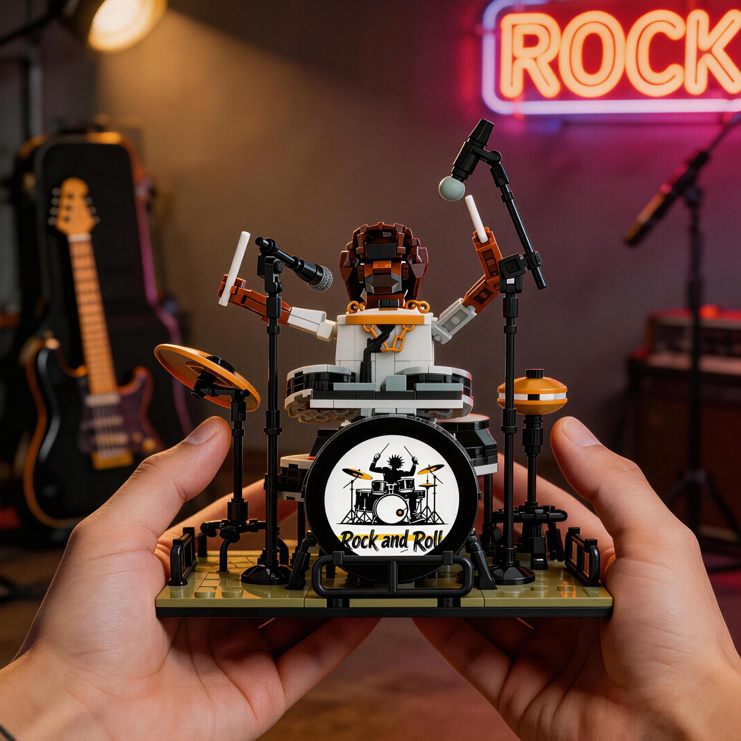 Dynamic Drummer Building Kit - Escenario de concierto de rock de 428 piezas con figura articulable y juego de batería ajustable, modelo coleccionable para adultos para amantes de la música