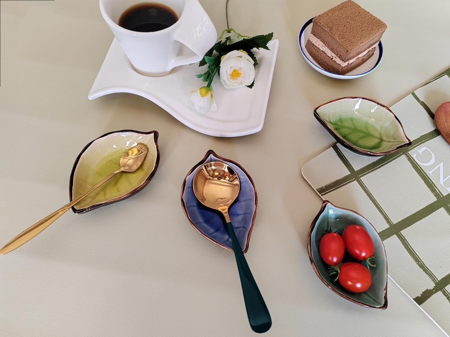 Coffee Spoon and Rest for Coffee Bar Accessories, Leaf Small Spoon Rest for Coffee Station, Tea Spoon Rest Tea Spoon Holder Teaspoon Rest, 1 PC (Ice Cracks Lake Blue with Gold Rose Spoon) image 8 of 9 B0CB8Y4LZ2