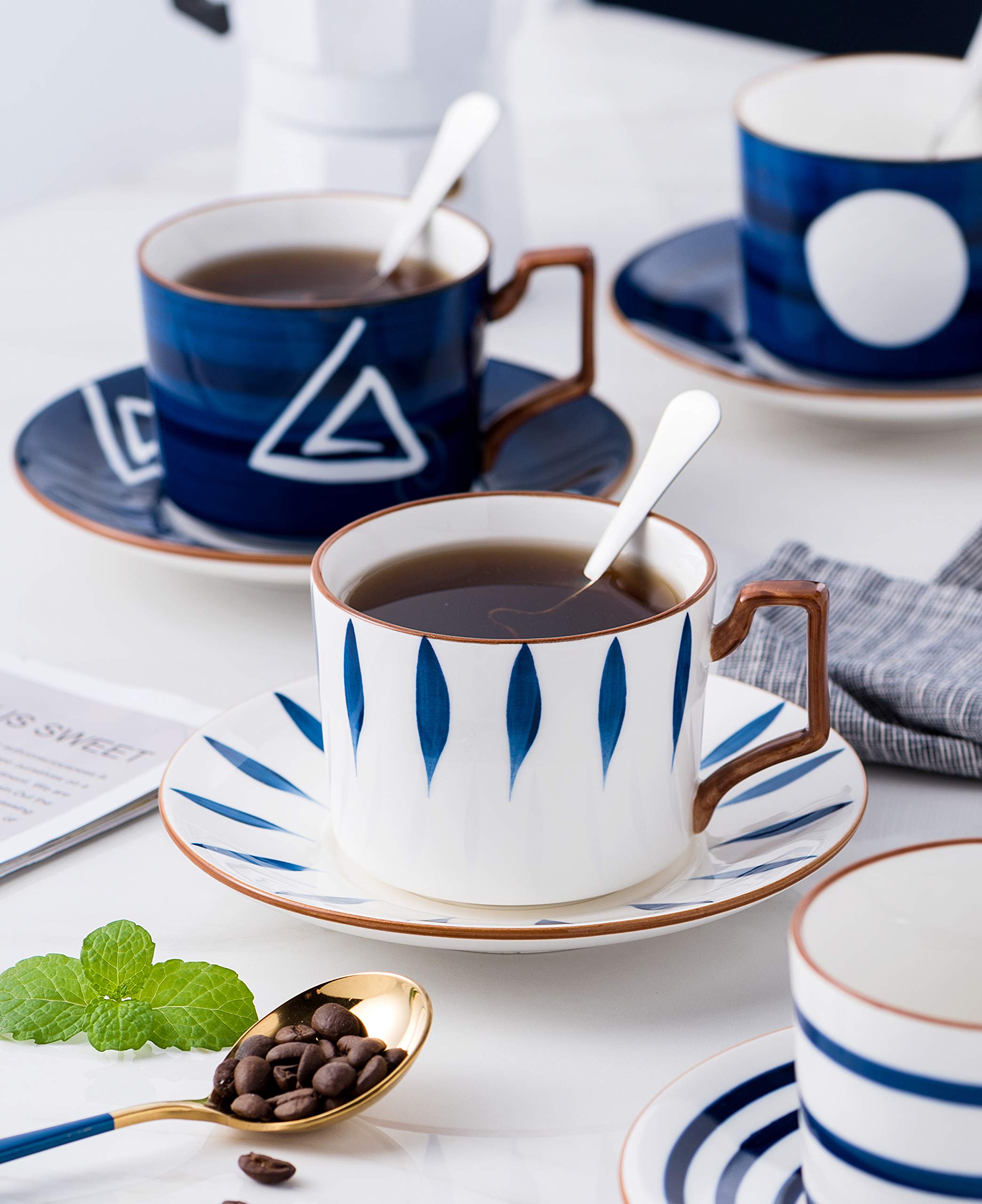 Jusalpha TCS25 Teetasse / Kaffeetasse mit Löffel und Tablett, japanischer Stil, handbedruckt, 200 ml, feines Porzellan, 4 Stück