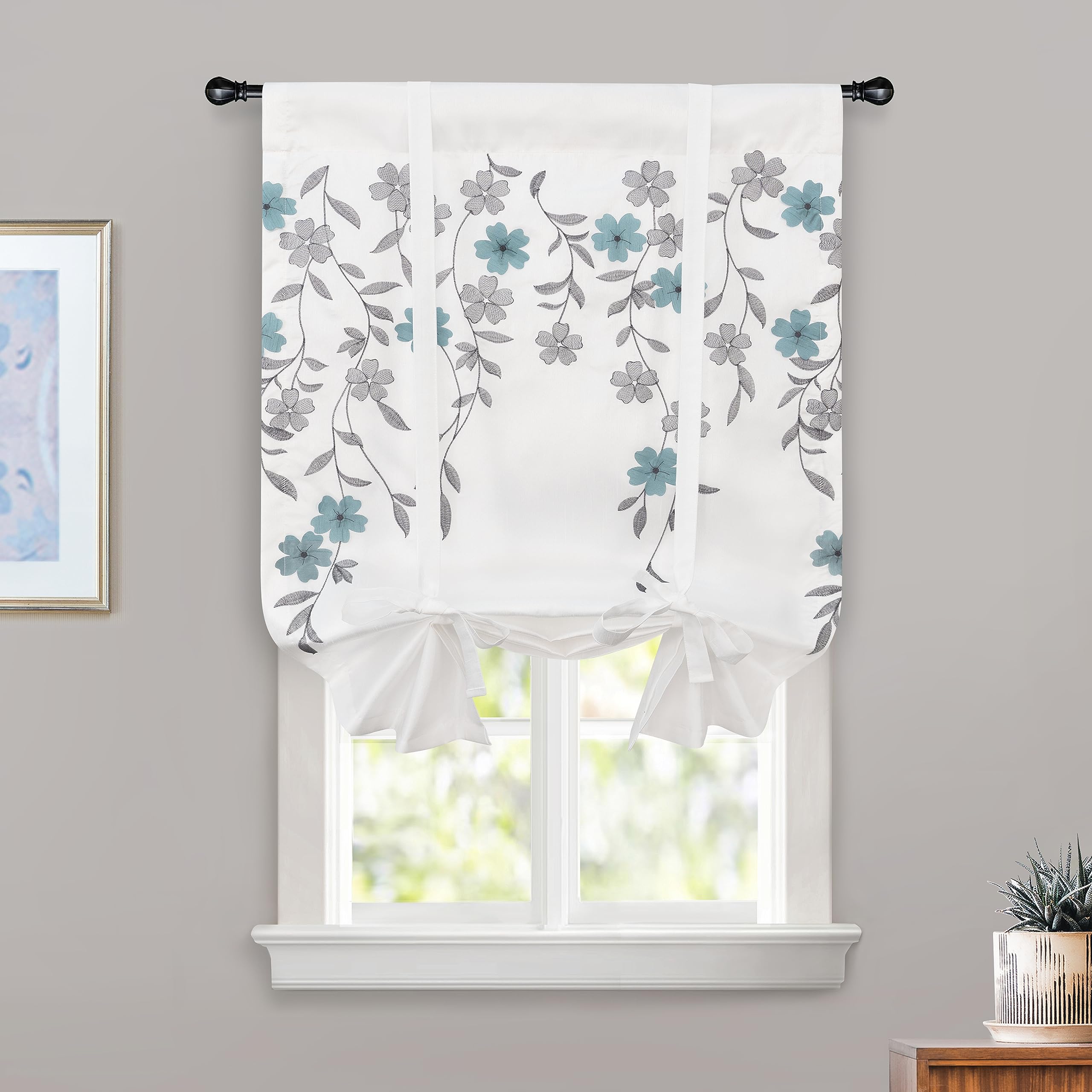 DriftAway Tie Up Curtains for Windows Adjustable Blue Floral Embroidered Balloon Room Darkening Short Curtains for Kitchen Isabella Roman Shades Rod Pocket 1 Panel 25 Inch by 47 Inch Ivory Blue