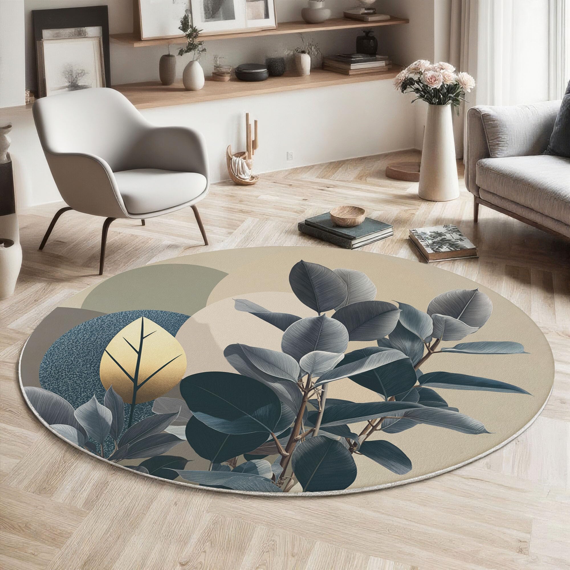 Tapis salon rond style botanique sous le canapé pour créer un coin lecture apaisant