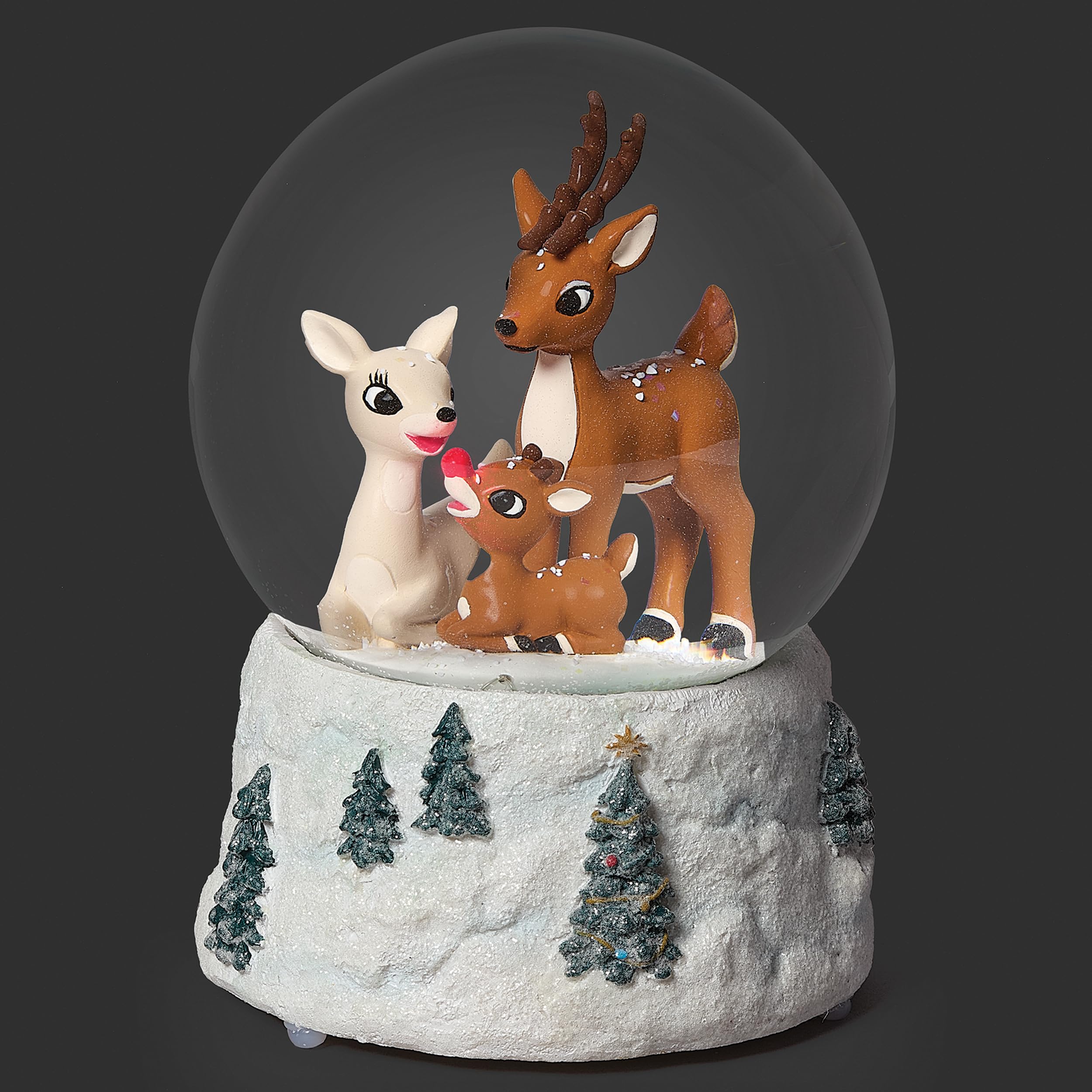 Roman, Boule à neige musicale illuminée de 100 mm Rudolph et famille | Nez éclairé par LED | Joue « Rudolph le renne au nez rouge » | Décoration de Noël