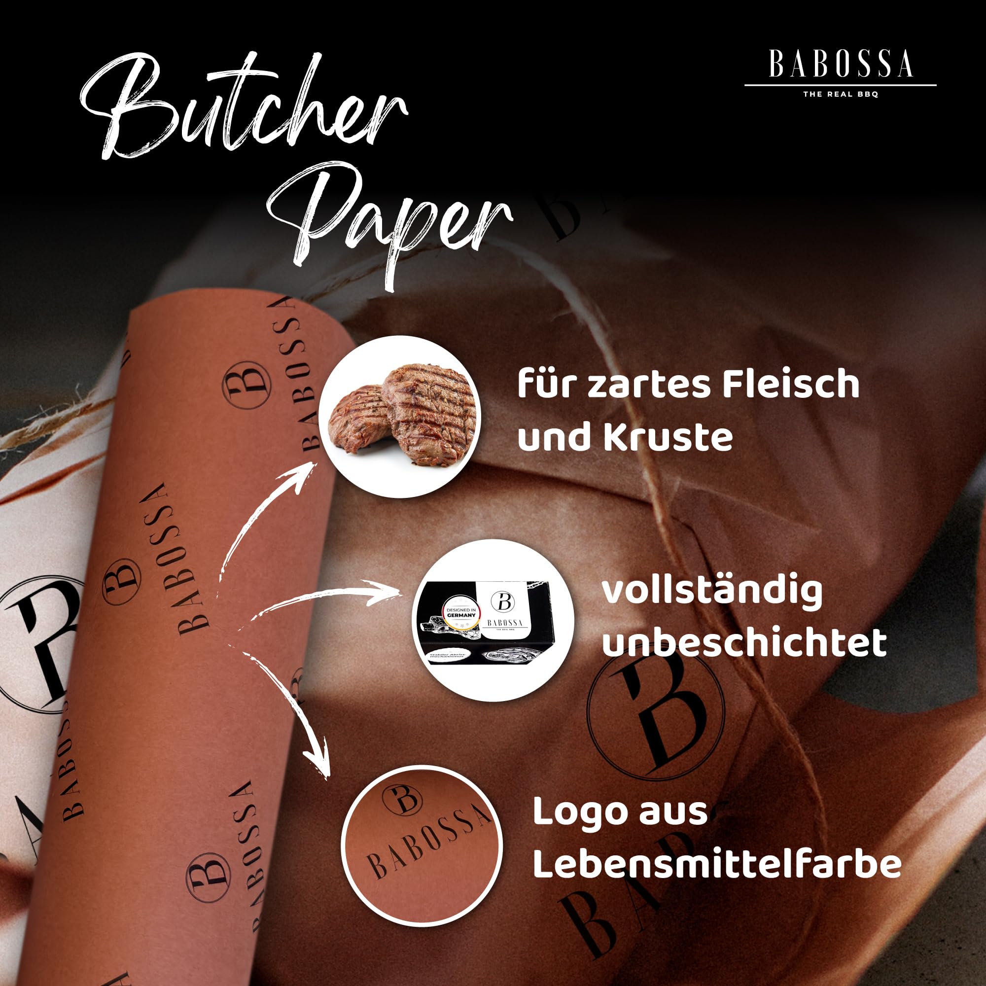 BABOSSA® Carta XXL Pink Butcher Paper, 60 cm x 50 m, per barbecue e carne, per barbecue a gas e barbecue a carbone, carne delicata e bordo croccante, carta kraft | 50 metri