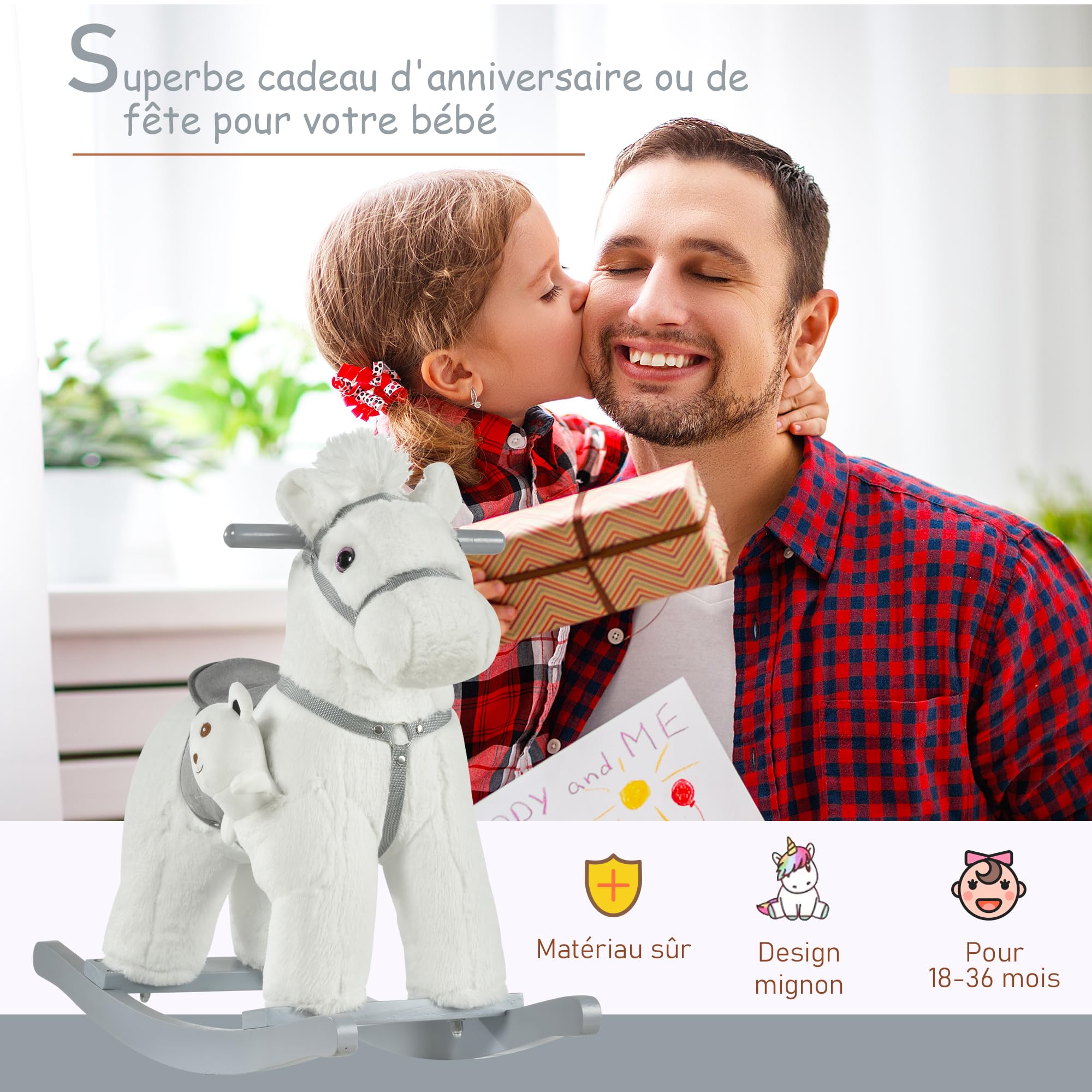 HOMCOM Koń bujany z autentycznymi dźwiękami. Siodełko o dużym komforcie z drewna topolowego
