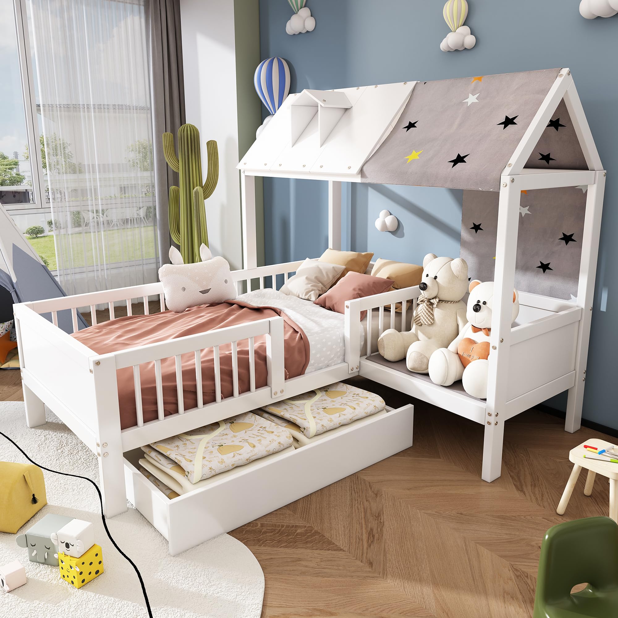 Kinderbett 90x200 cm, Hausbett mit Zeltstoff und Schubladen, Funktionsbett mit Fallschutz, Jugendbett Jungen und Mädchen, Ohne Matratze
