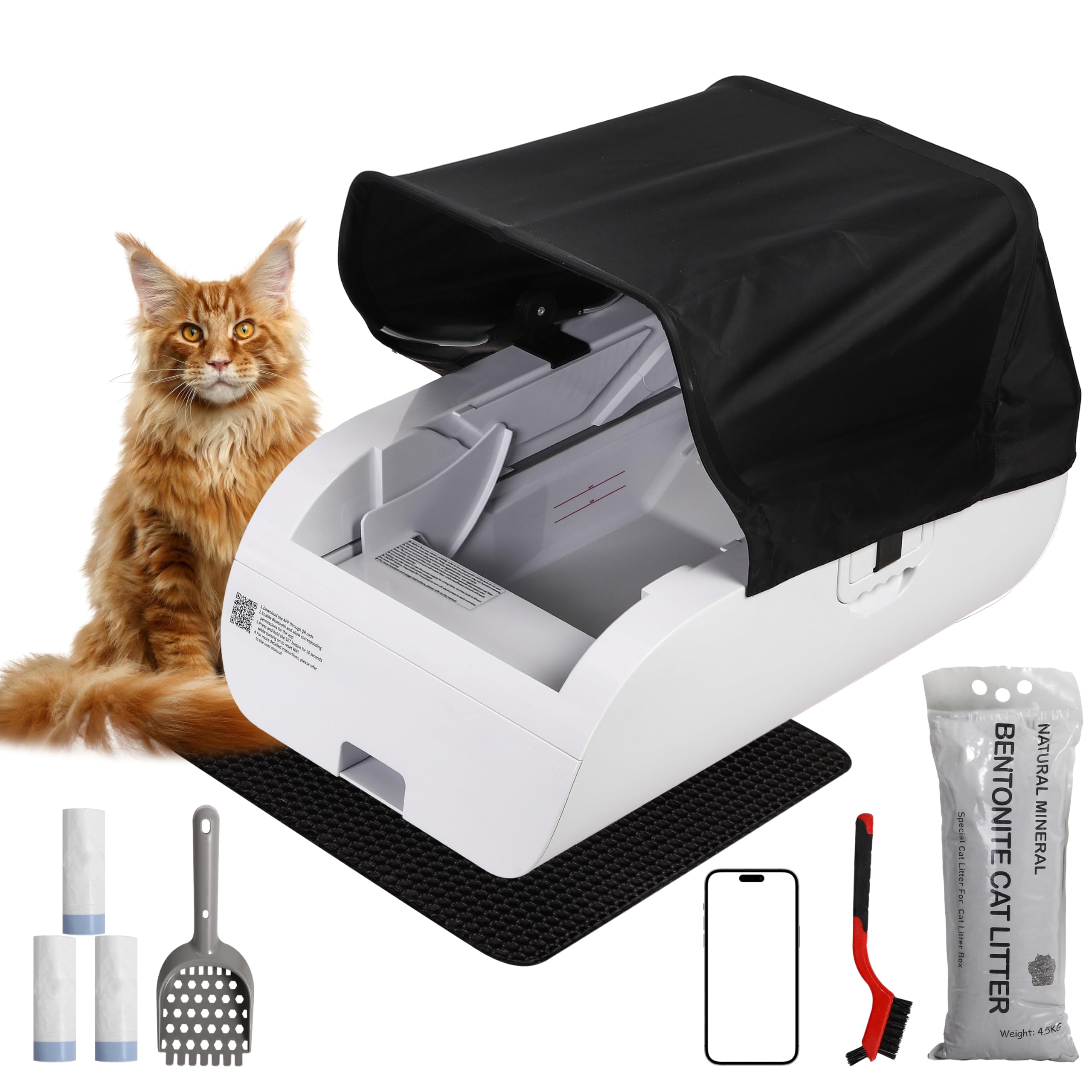 Open-Top Self-Cleaning Automatic Cat Litter Box-Smart APP Control (2.4G/5G) with Health Tracking&24H Backup, Dual Safety Sensors&Odorless Design for Multi-Cat Homes+with Tent