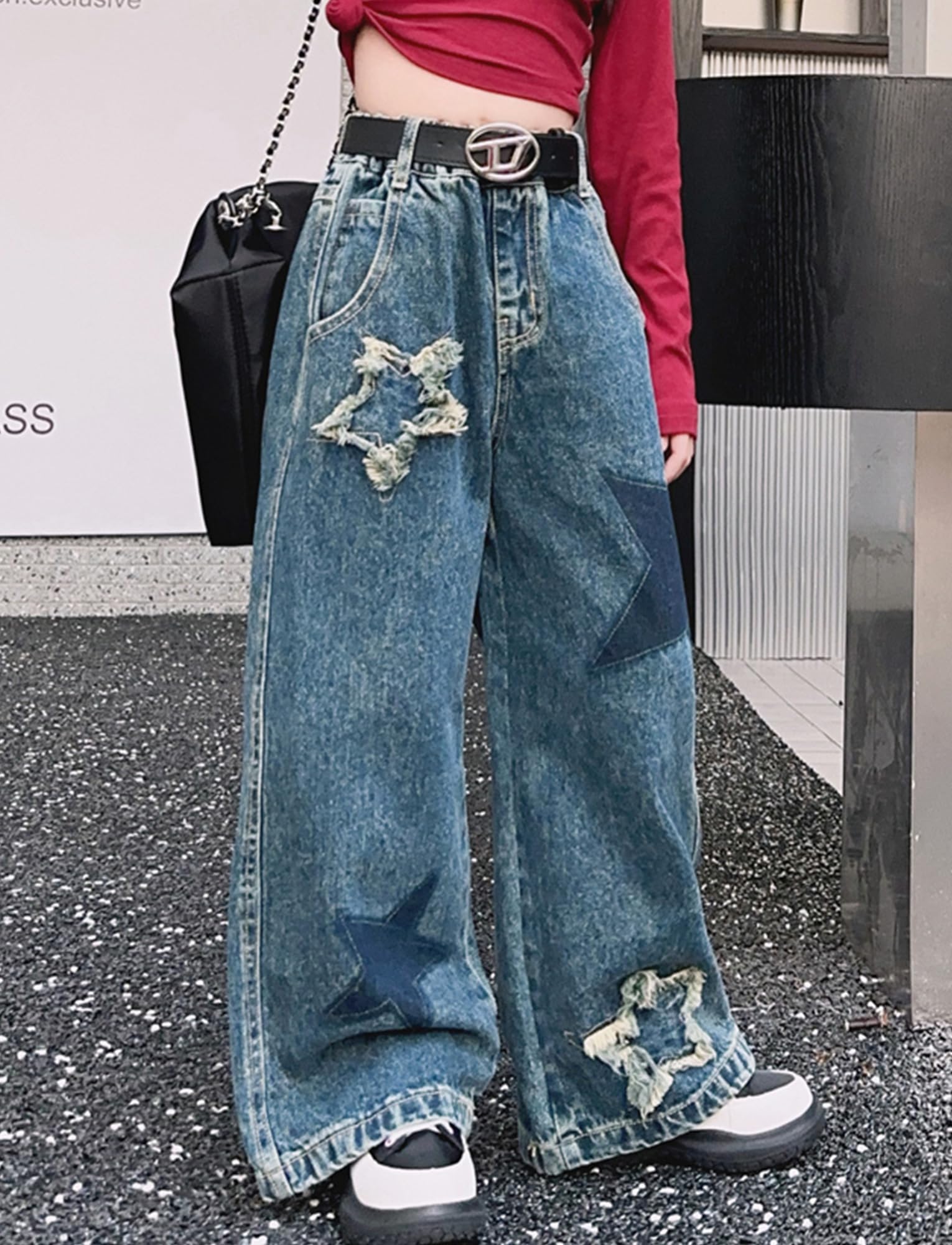 Maeau Jeans con gamba larga per ragazza, pantaloni in denim, pantaloni dritti per il tempo libero, con elastico in vita e tasche, motivo pentagramma, taglia 120-170