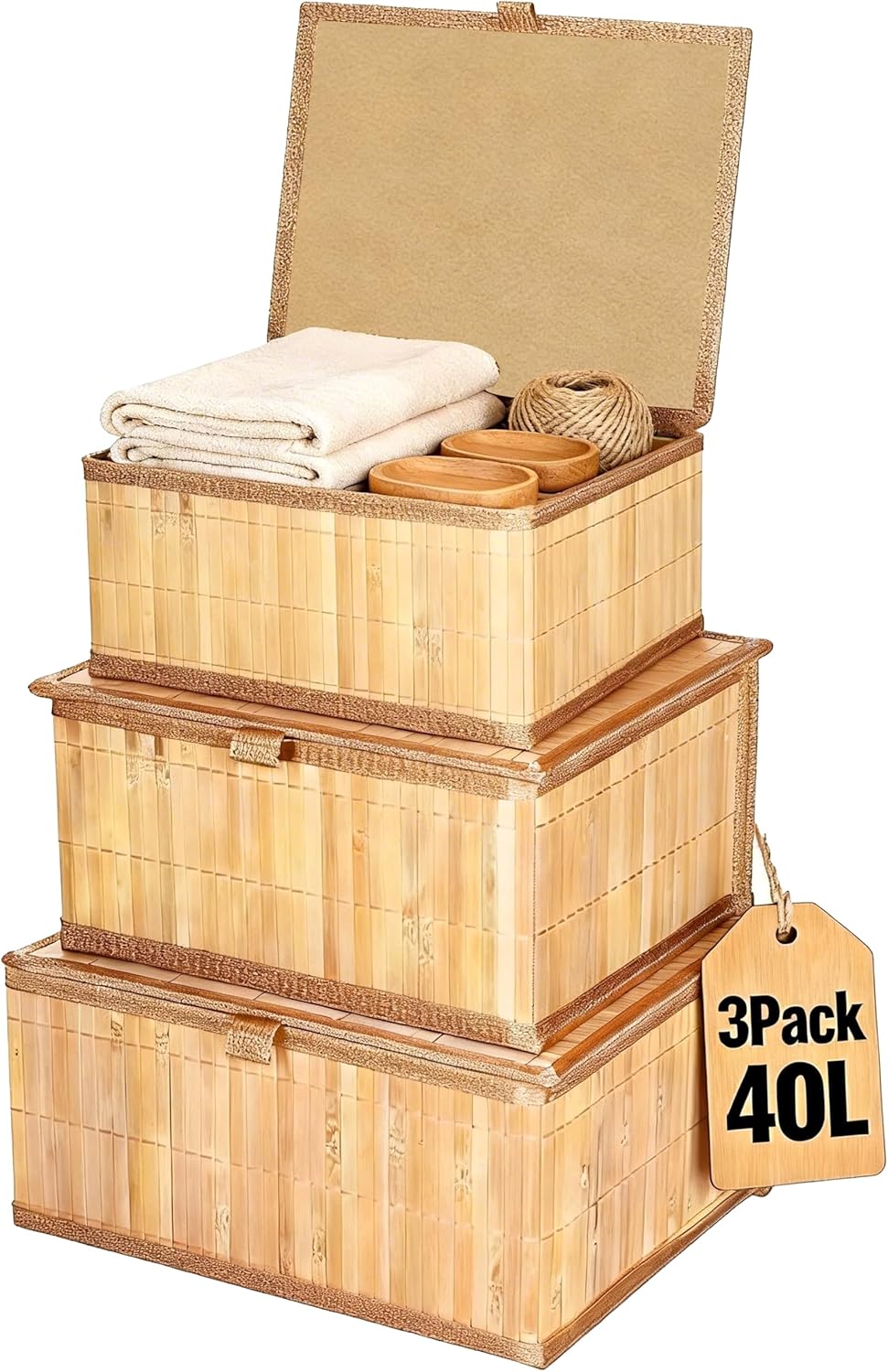 3 Pack Bamboo Decorative Shelf Basket,Woven Storage Boxes with Lined，Nesting Lidded Box with Lids for Toys,Cosmetics,Office,sundries,Closet,natural & eco-friendly bamboo storage organizers