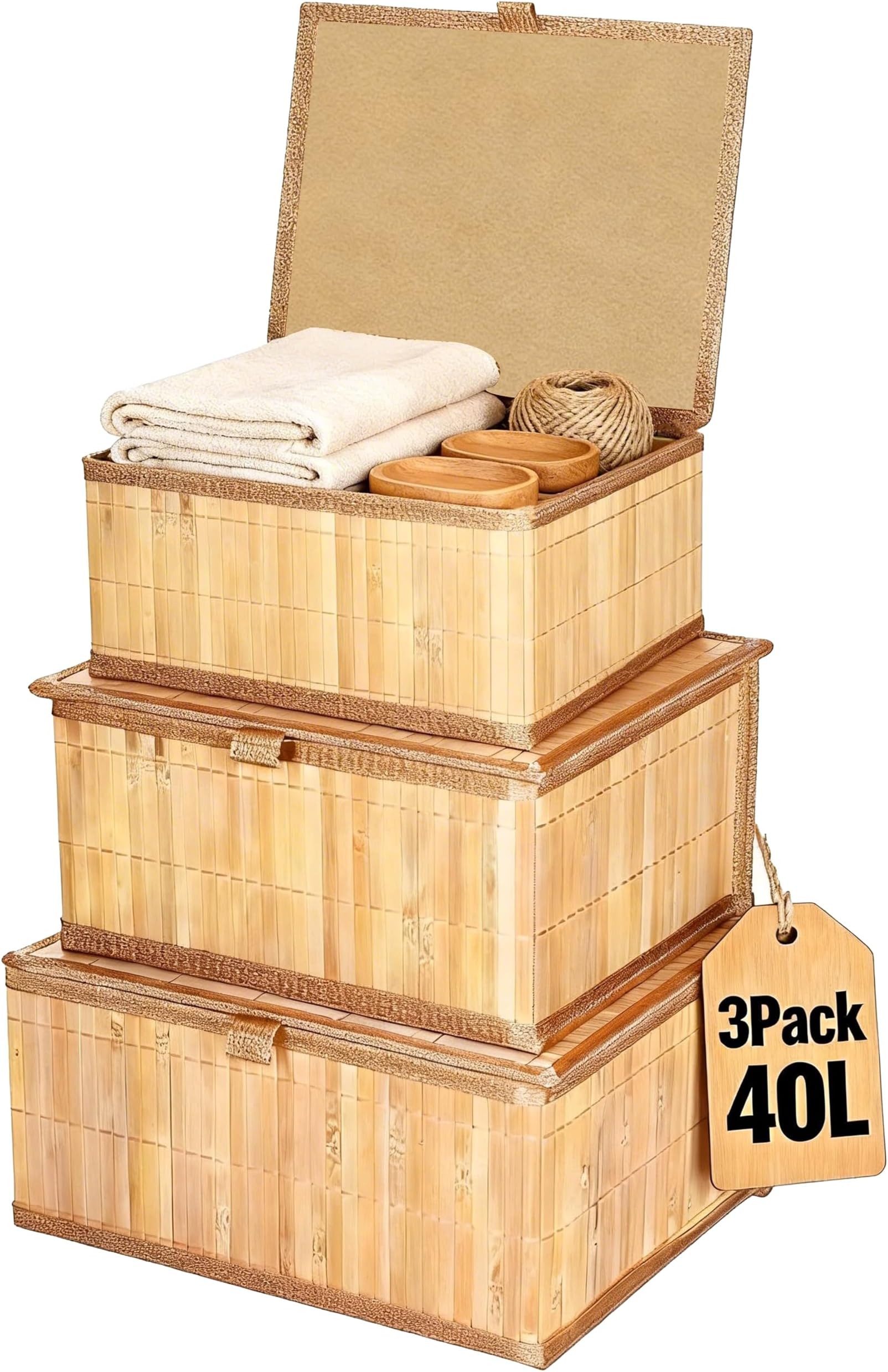 3 Pack Bamboo Decorative Shelf Basket,Woven Storage Boxes with Lined,Nesting Lidded Box with Lids for Toys,Cosmetics,Office,sundries,Closet,natural & eco-friendly bamboo storage organizers