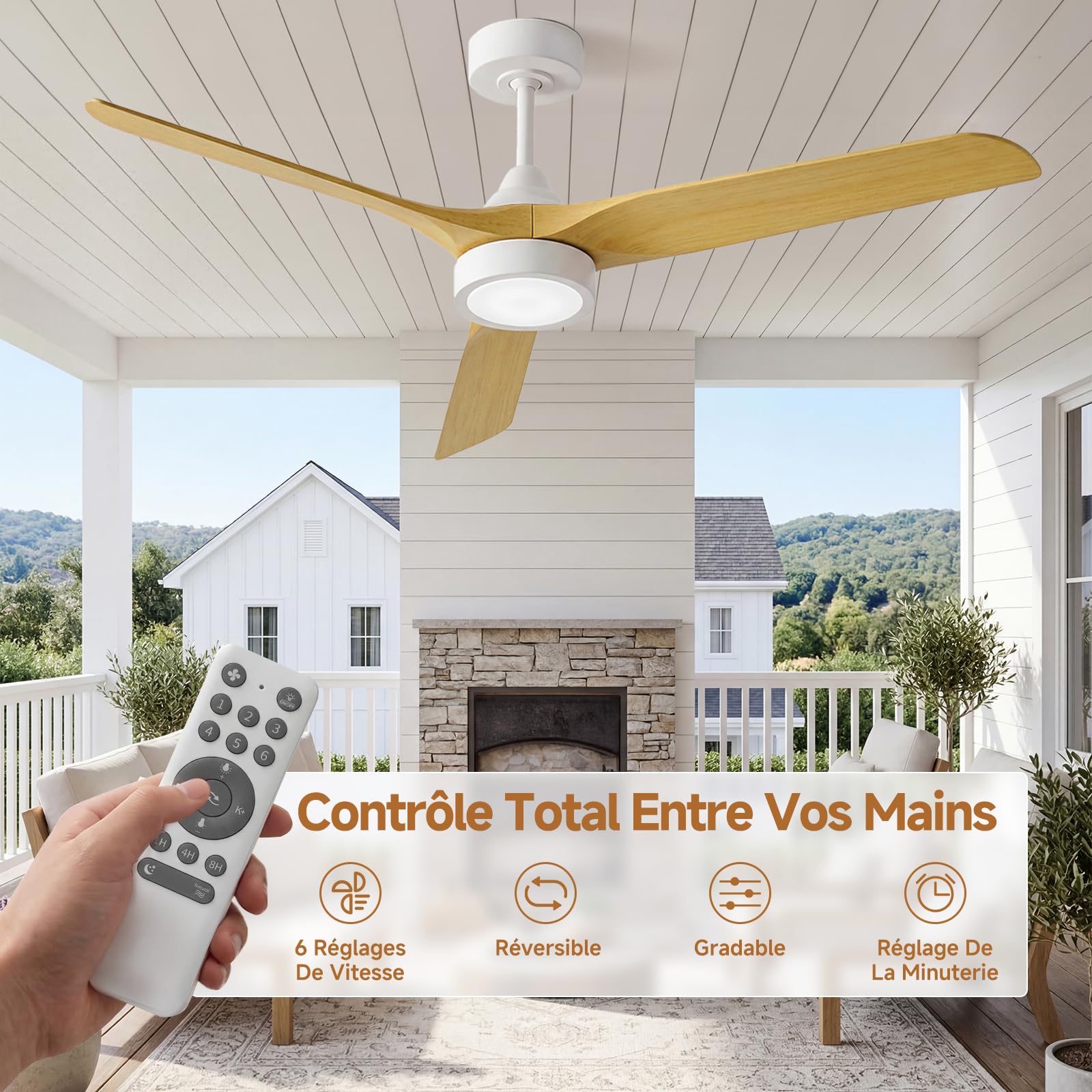 Ateroll Ventilateur Plafond Télécommande, Ventilateur de Plafond Design & Silencieux, Ø132 cm en ABS, Ventilateur Dimmable Plafonnier 6 Vitesses, Minuterie 3 Températures LED Chambre, Salon & Terrasse