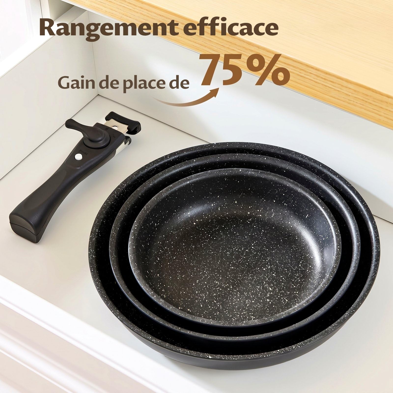 Fadware Lot de 3 Poêles avec Poignée Amovible (20/24/28 cm) - Revêtement Anti-adhésif, 75% Gain de Place, Poêles Induction et Tous Feux, Empilables pour Petites Cuisines et Camping-Car, Passe au Four