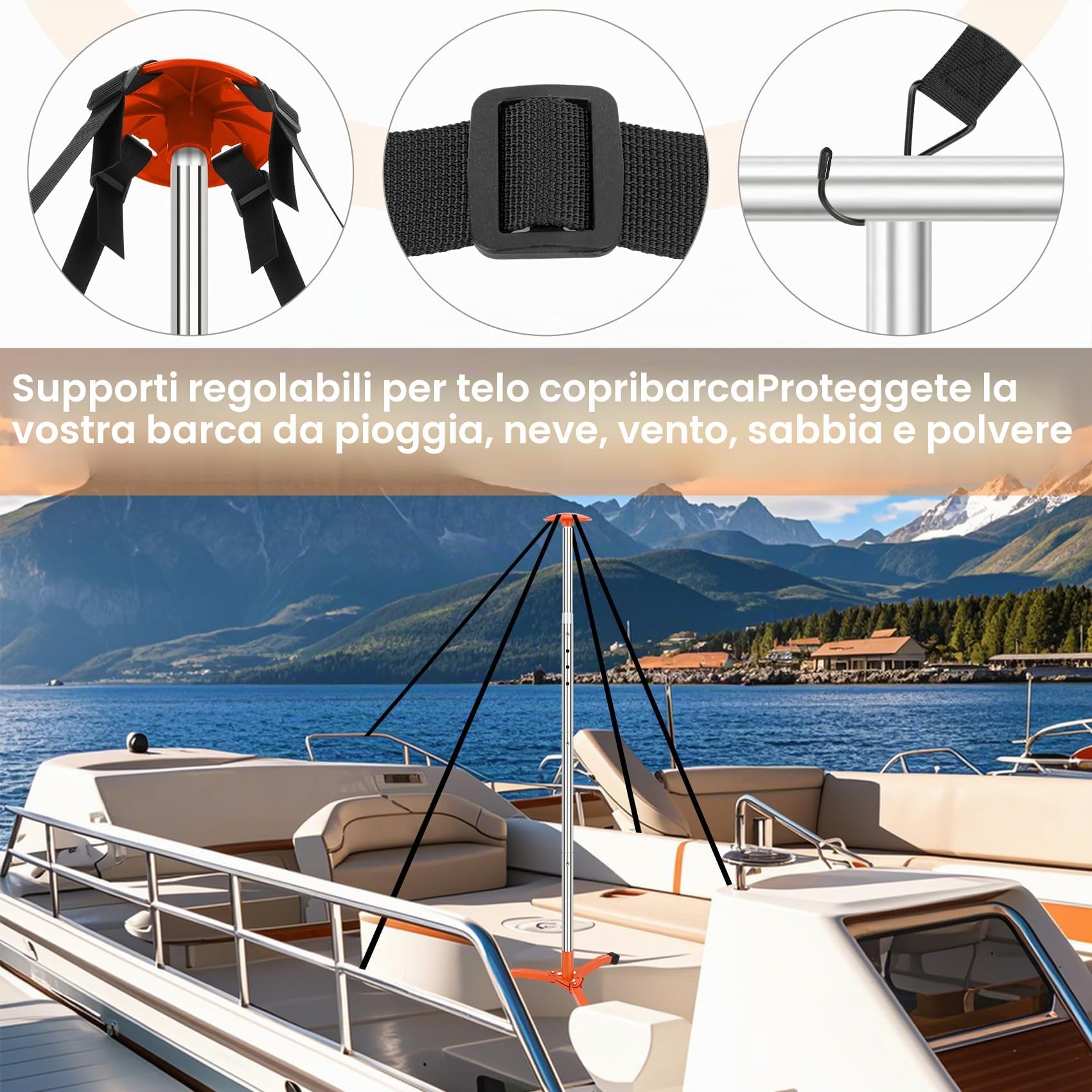 KOMCLUB Set 2 pali supporto copri barca telescopici in acciaio inox | Asta interamente in acciaio inox anti-corrosione marina, Kit completo con 8 cinghie resistenti dotate di ganci metallici