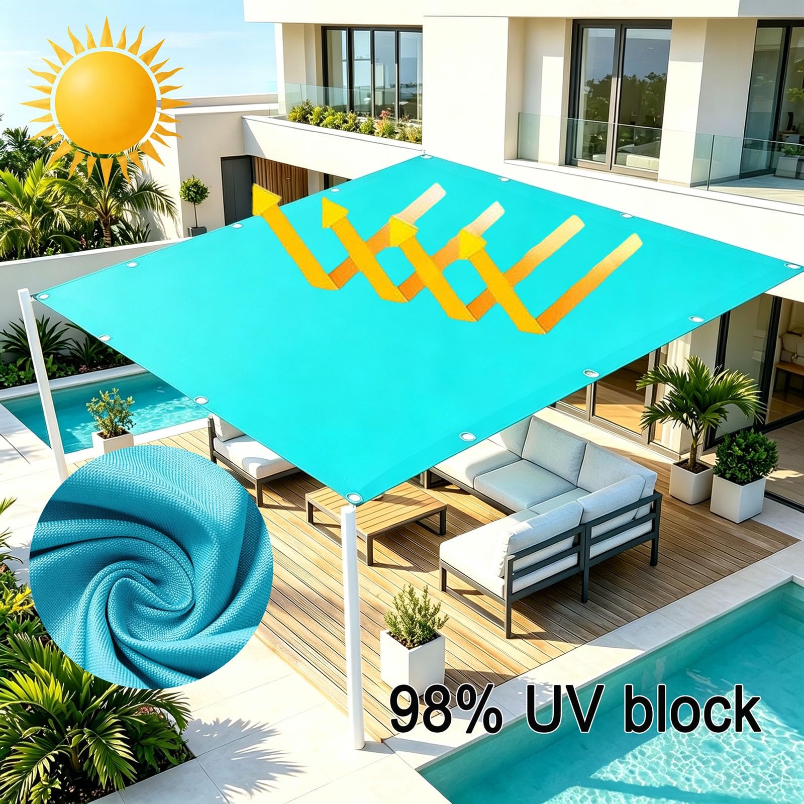 Tenda da Sole Impermeabile 80 x 600 cm Protezione Raggi UV 98% Impermeabile Poliestere Antistrappo Robusto e Stabile Telo Ombreggiante per Esterno per Giardino, Blu Cielo