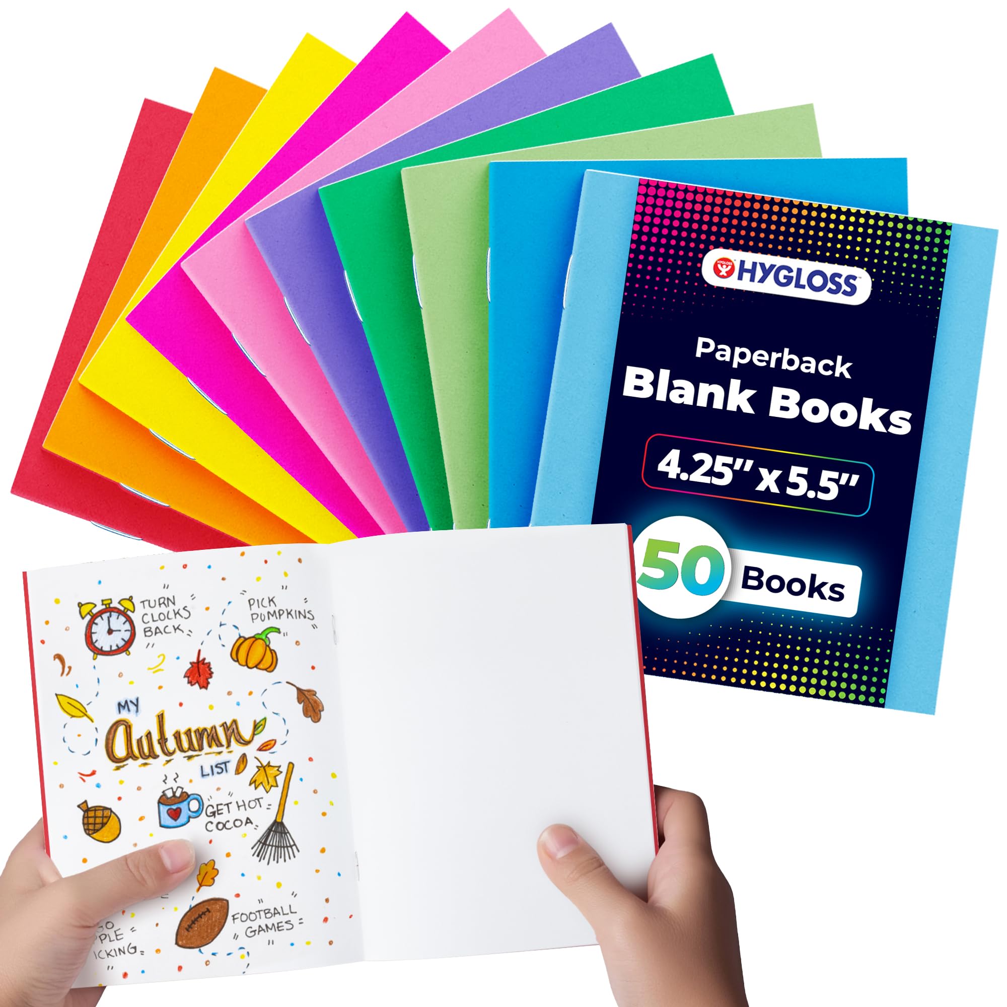 Hygloss Blank Books - Bulk 50 Pack – 4.25" x 5.5" A6 Assorted Colors – Paperback Blank Books for Kids to Write Stories, Doodle Art – Plain Drawing Sketchbook, Unlined Journal, Notebook Without Lines