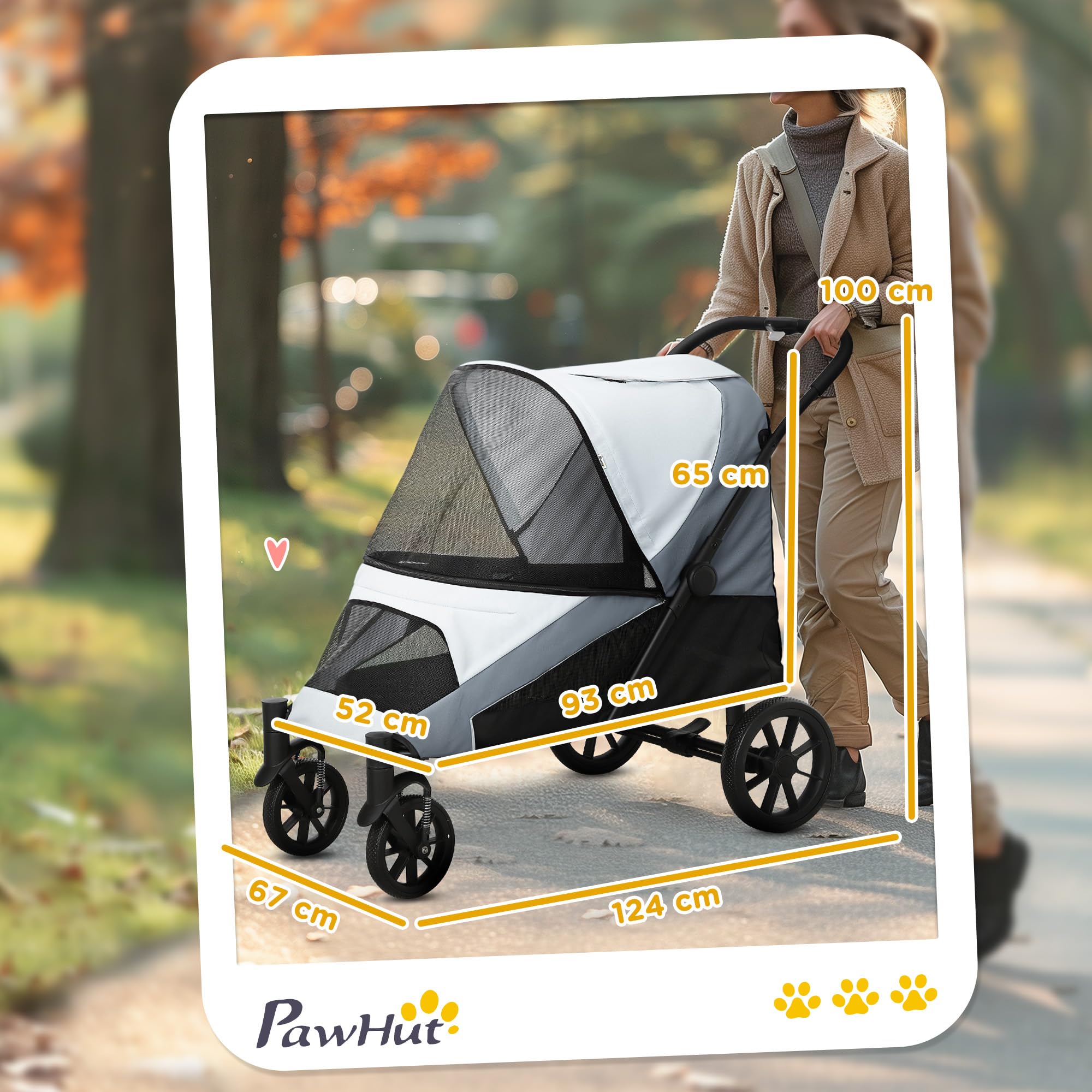PawHut Carrito para Perros Plegable, Cochecito para Perros Grandes hasta 25 kg con Ruedas Grandes, Correas de Seguridad, Amortiguador, Cojín Lavable, Marco de Acero, Freno, 124x67x100 cm, Gris