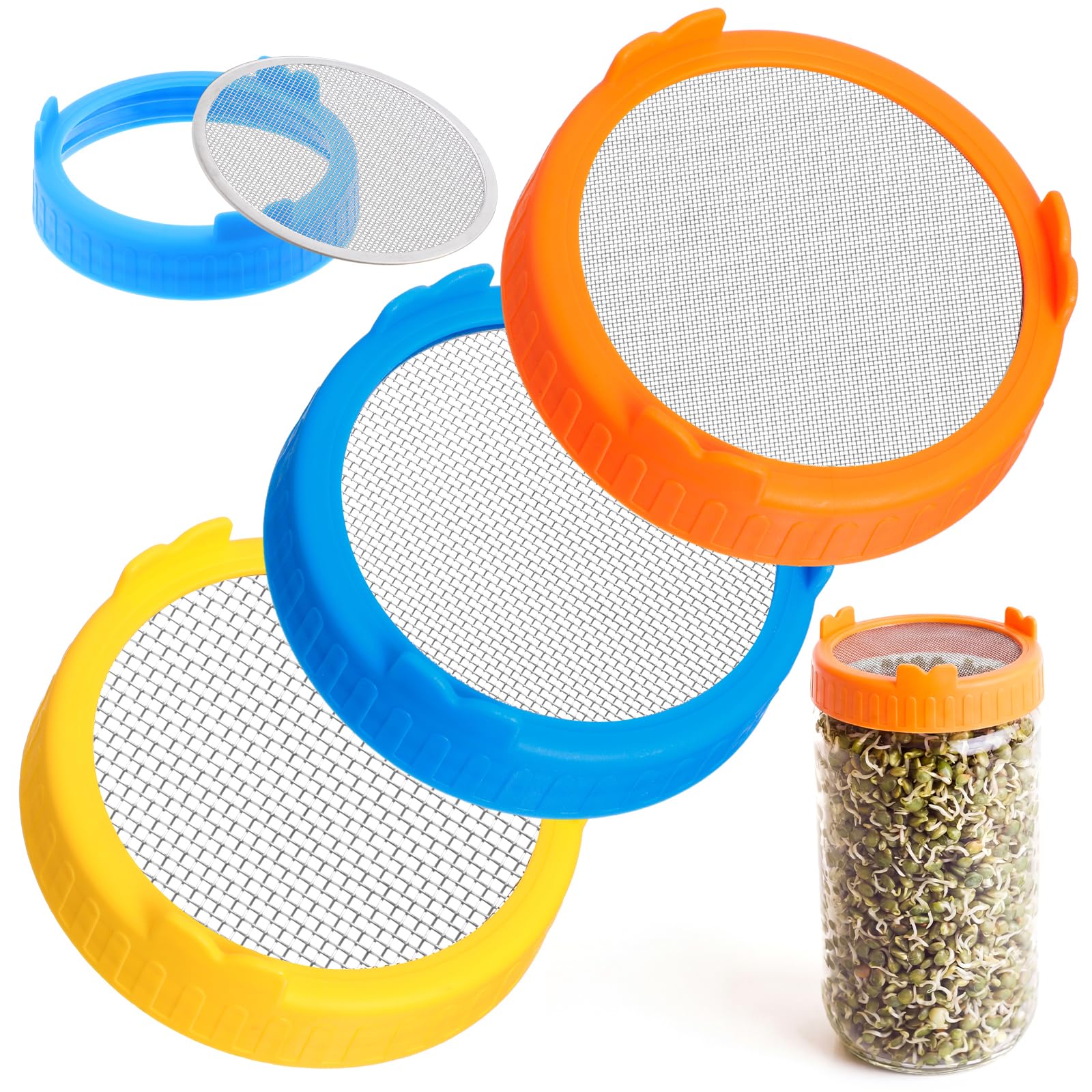 3 Set Sprouting Growing Lids for Wide Mouth Mason Jars,Sprouting Lids with 3 different orifice sizes,Alfalfa & Mung Bean Sprouts Grow Kit,L,M,S Strainer mesh(Plastic,Classic)