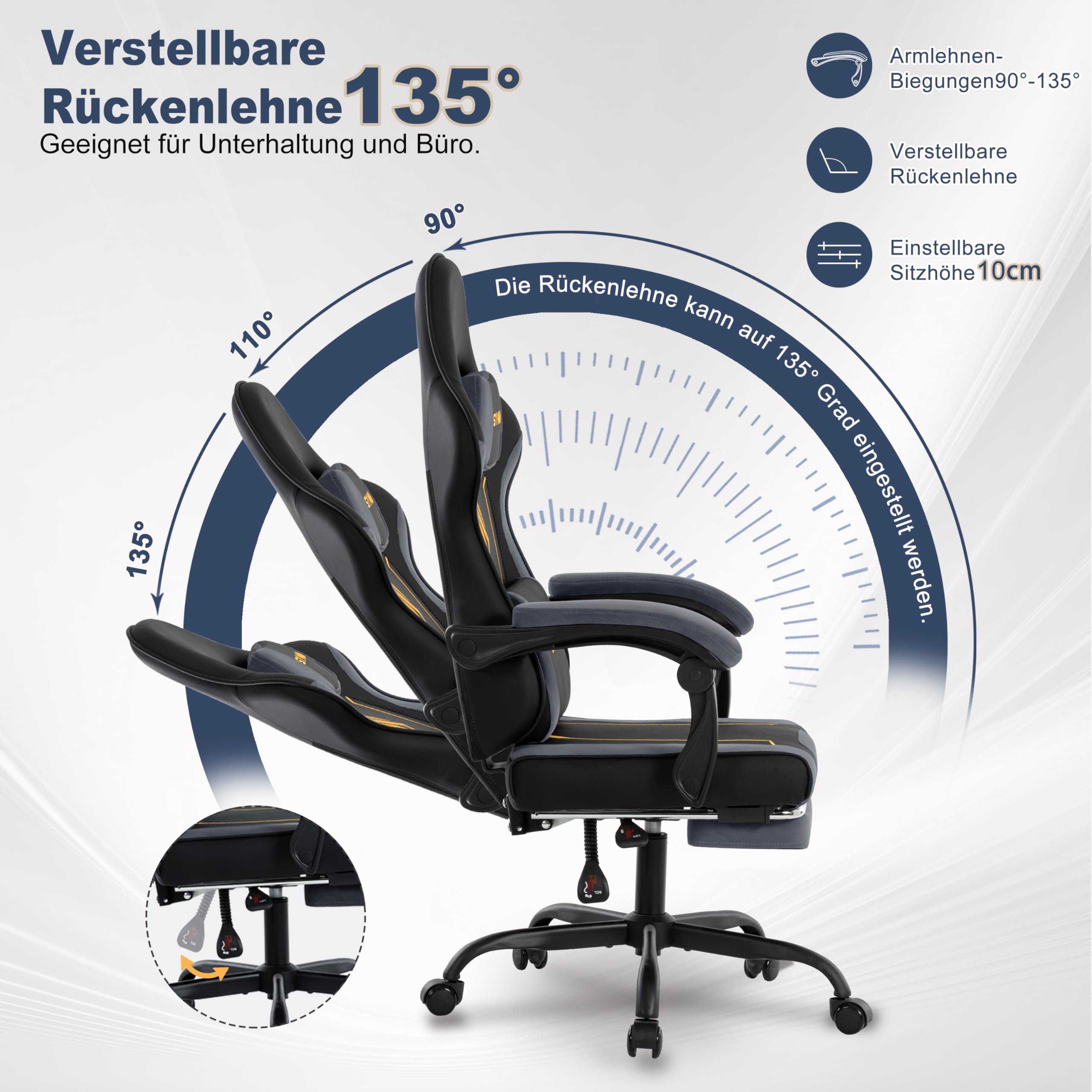 Symino Silla Gaming Ergonómica con Asiento de Látex – 150 kg, Reclinable con Reposapiés, Soporte Lumbar, Giratoria 360° para Oficina y PC