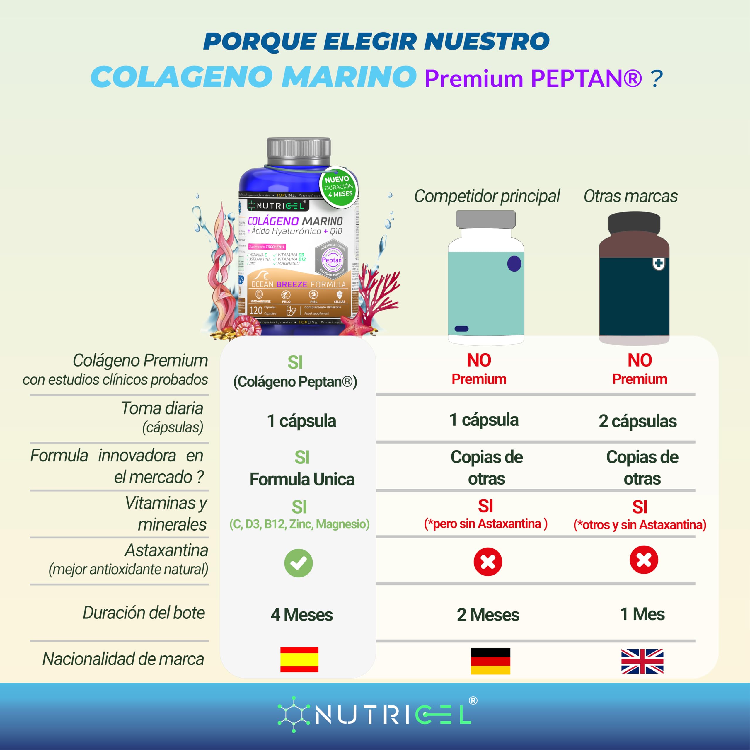 Colágeno Marino Hidrolizado Peptan® + Ácido hialuronico + Magnesio + Astaxantina + CoQ10 + Zinc + Vitaminas C, D3 y B12 - Articulaciones Fuertes, Piel Tersa y Energía - Probada en laboratorio