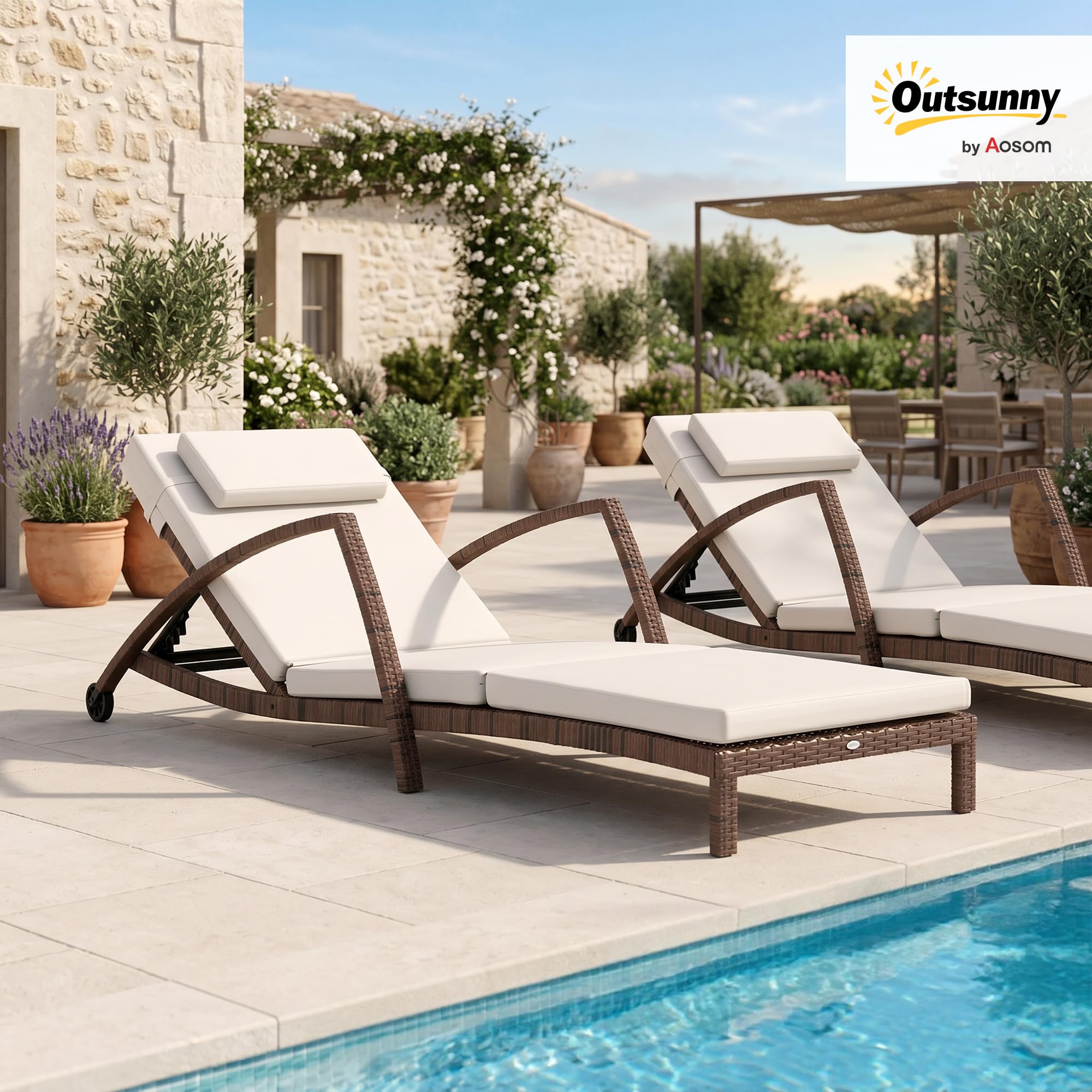Outsunny Bain de Soleil Dossier Réglable avec roulettes Marron et Beige