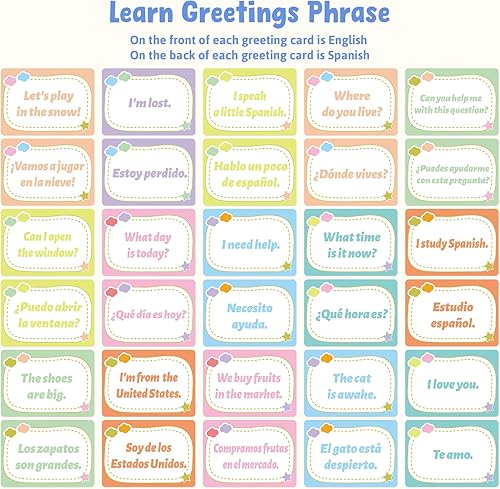 Miniatura 4 de Tarjetas didácticas en español, 100 frases de conjugación de verbos de inglés a español, adjetivos, colores, tarjetas didácticas bilingües para