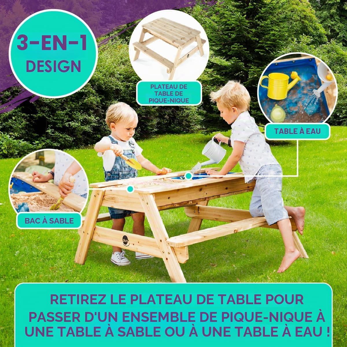 Table de pique-nique en bois avec sable et eau Plum Surfside