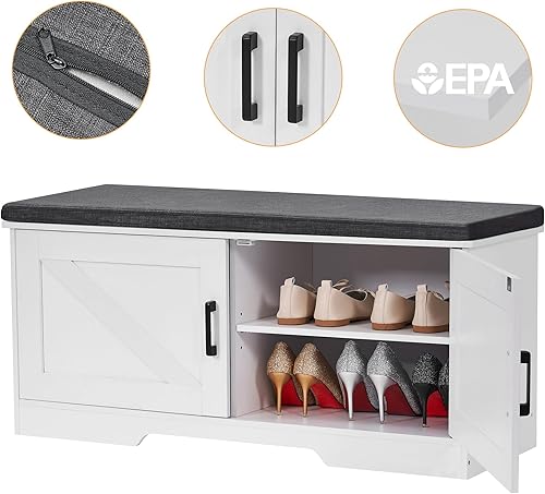 Miniatura 5 de Banco de almacenamiento de 2 niveles, banco de zapatos de 39.4 pulgadas de ancho con cojín de asiento acolchado, banco de entrada con 2 puertas de