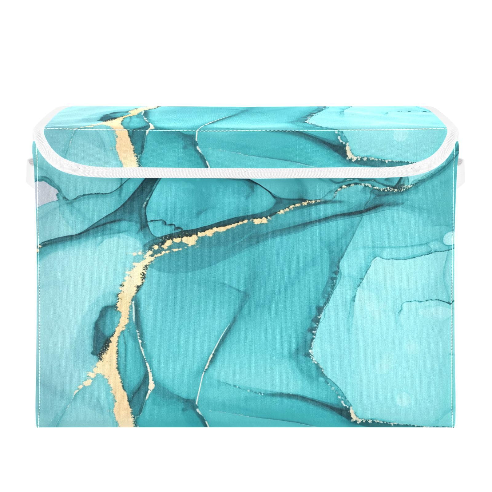 Grand cube de rangement pliable en tissu marbre bleu pour placard et bureau